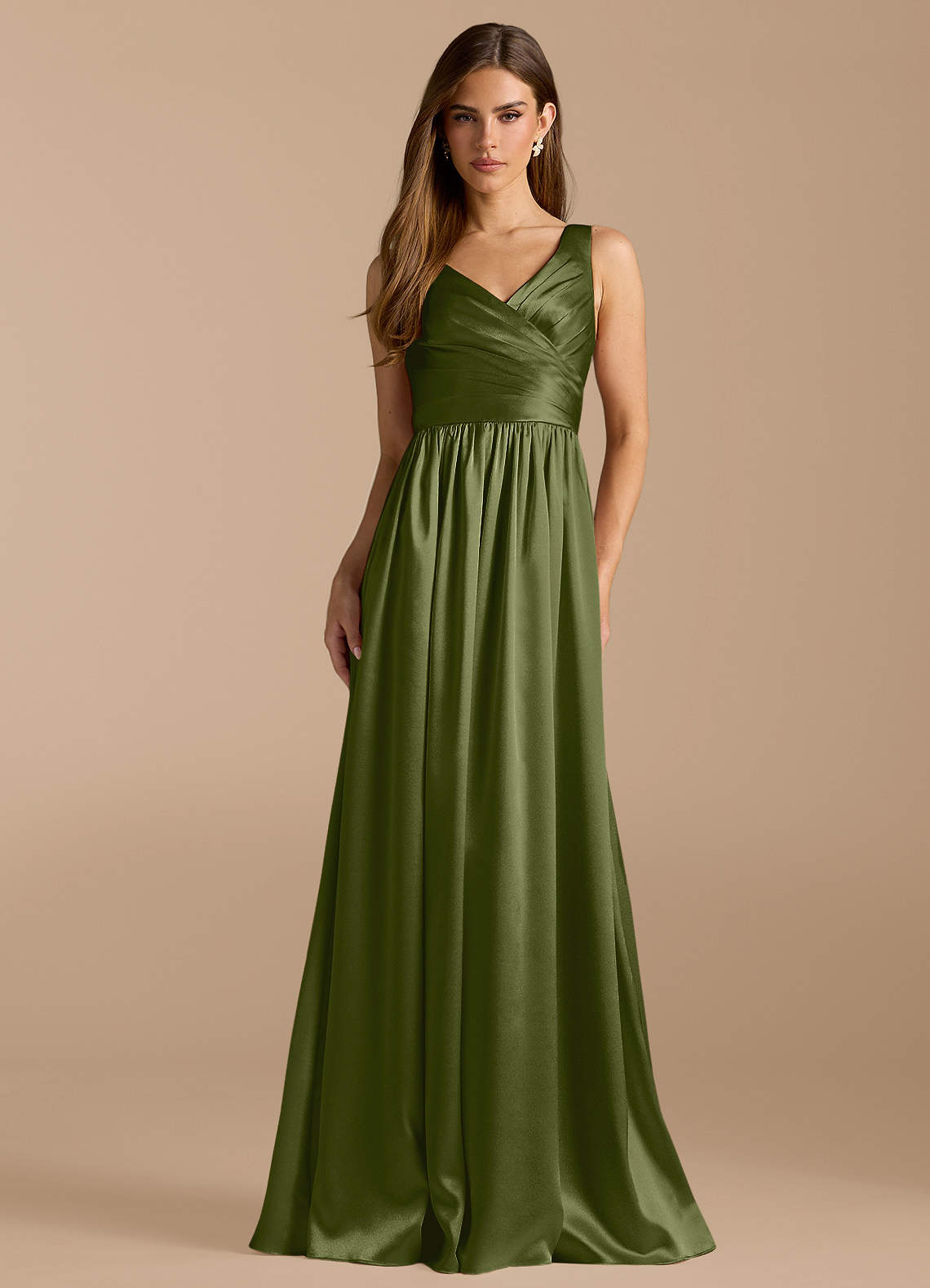 Azazie Keyla Bridesmaid Dresses Olive A-Line Pleated Metallic Satin Dress image1