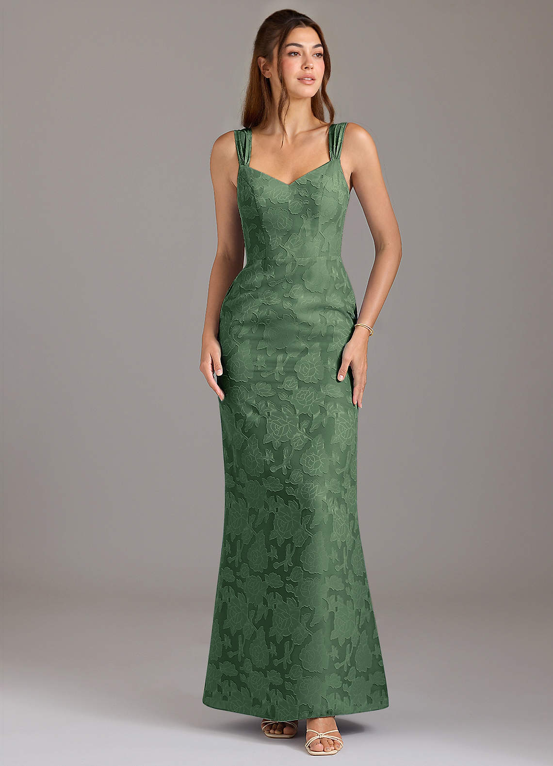 Azazie Denice Brautjungfernkleider A-Linie Plissee Blumen-Burnout Kleid Eukalyptus image1