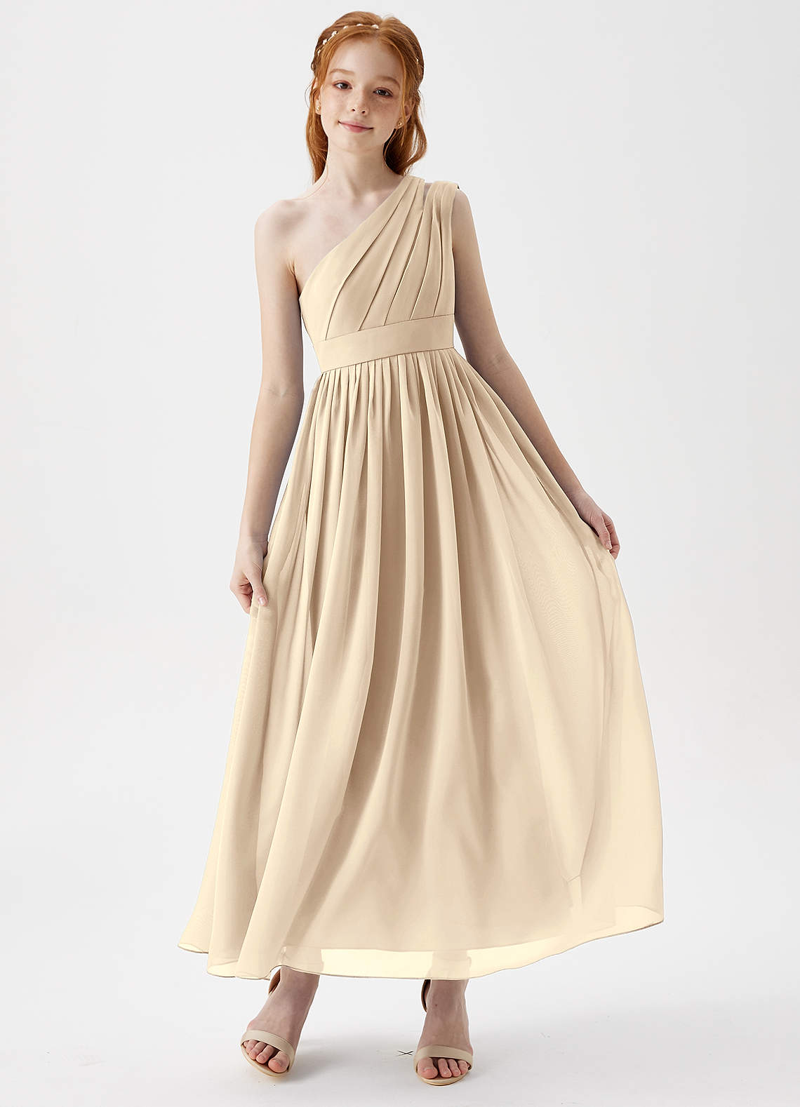 Azazie Anissa Junior Champagne A-Line Pleated Chiffon Dress image1