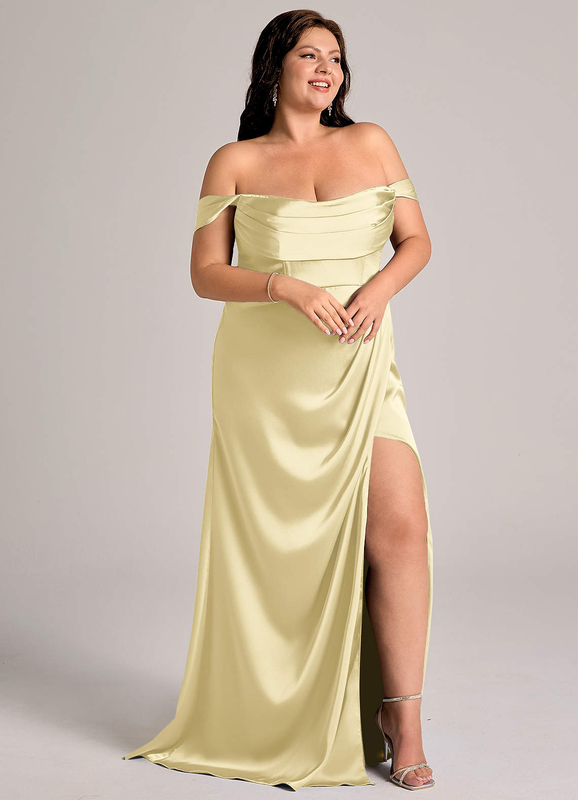 Azazie Johana Brautjungfernkleider Wandelbar Meerjungfrau-Linie Schulterfrei Stretch-Satin Kleid Zitronensorbet image10