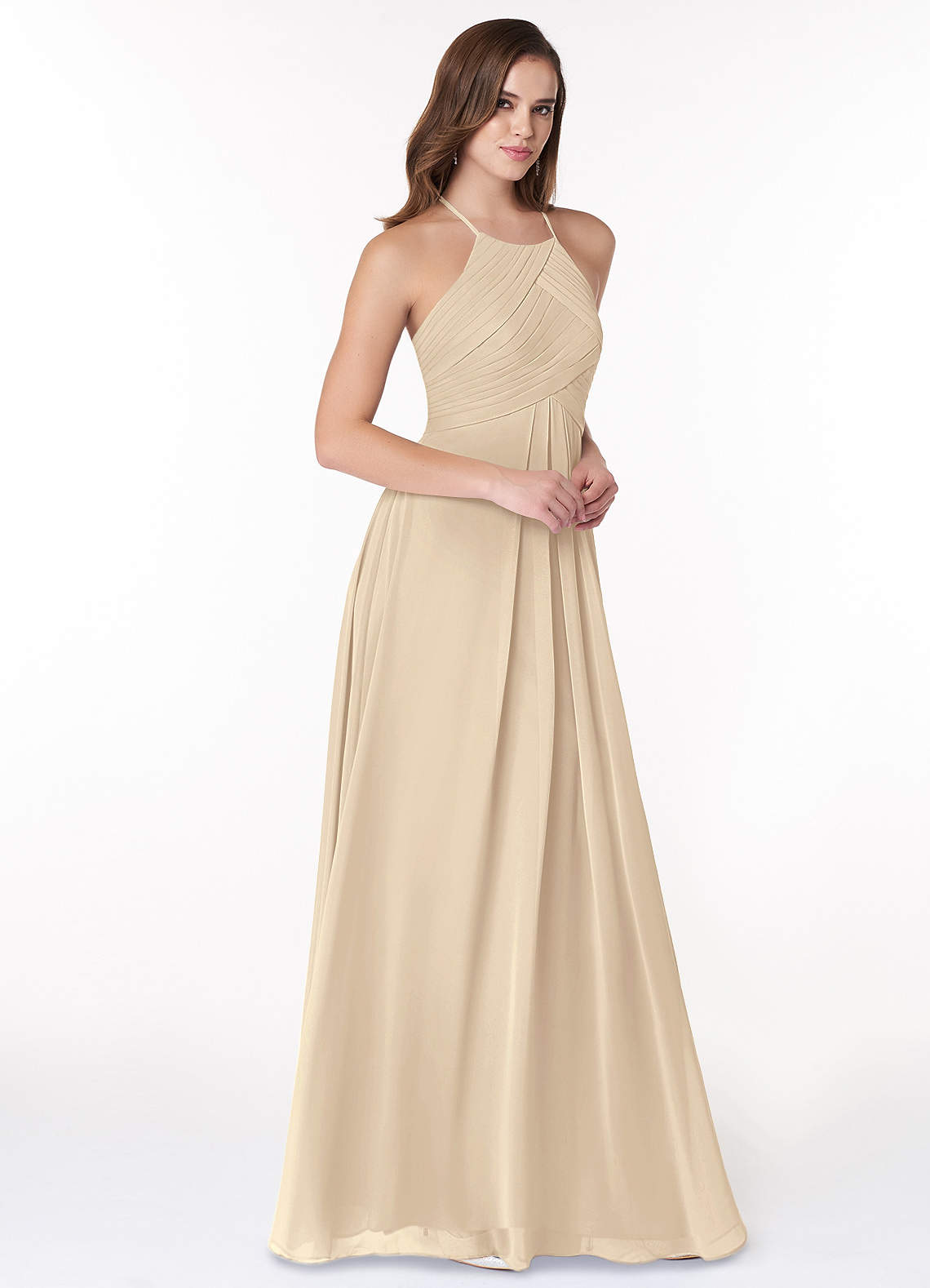 Azazie Ginger Vestidos de damas de honor Vestido de Champán de Gasa de Corte en A con Halter Plisado image1