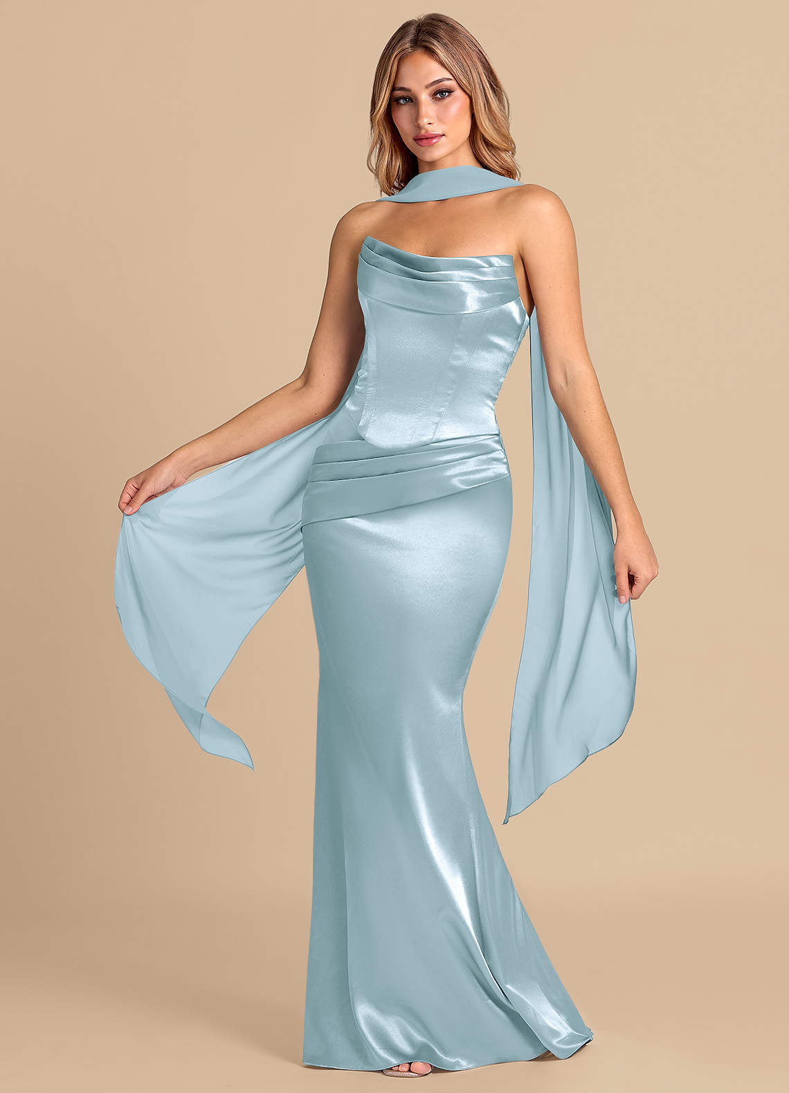 Azazie Sorrel 신부 들러리 드레스 인어 코르셋 메탈릭 새틴 바닥 길이 드레스 image1