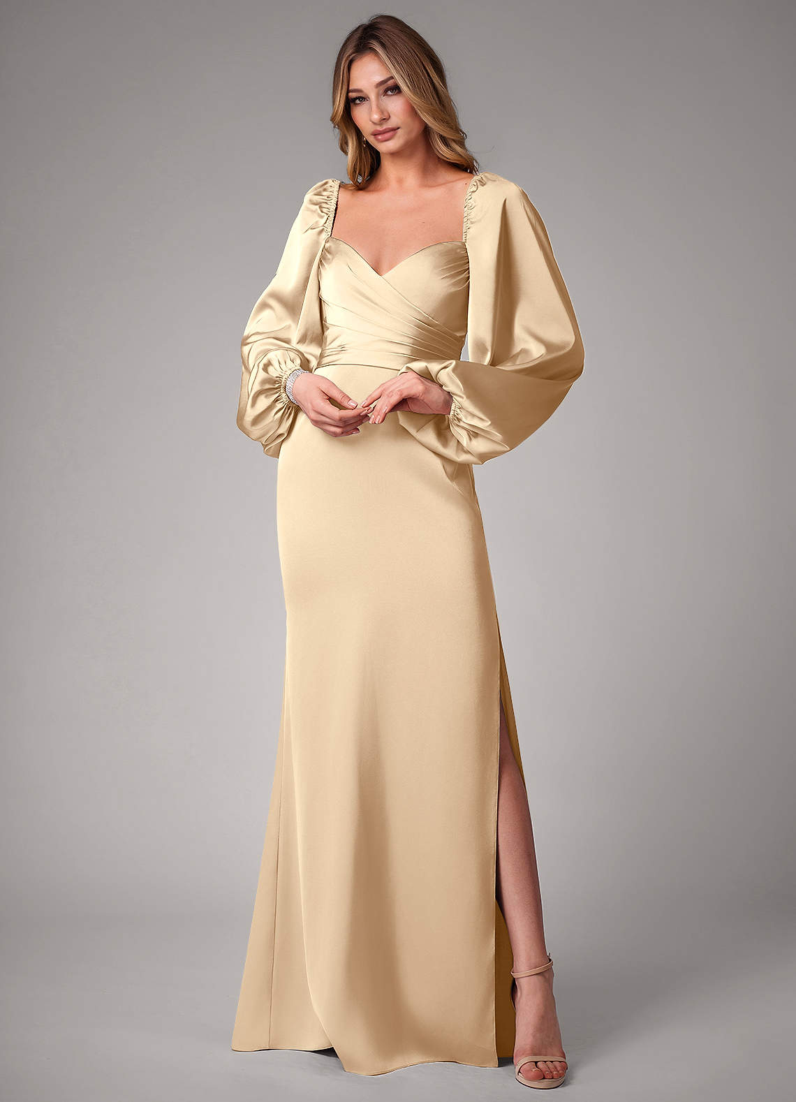 Azazie Sonata Ready to Ship Champagne Stretch Satin Bridesmaid Dresses |  Azazie