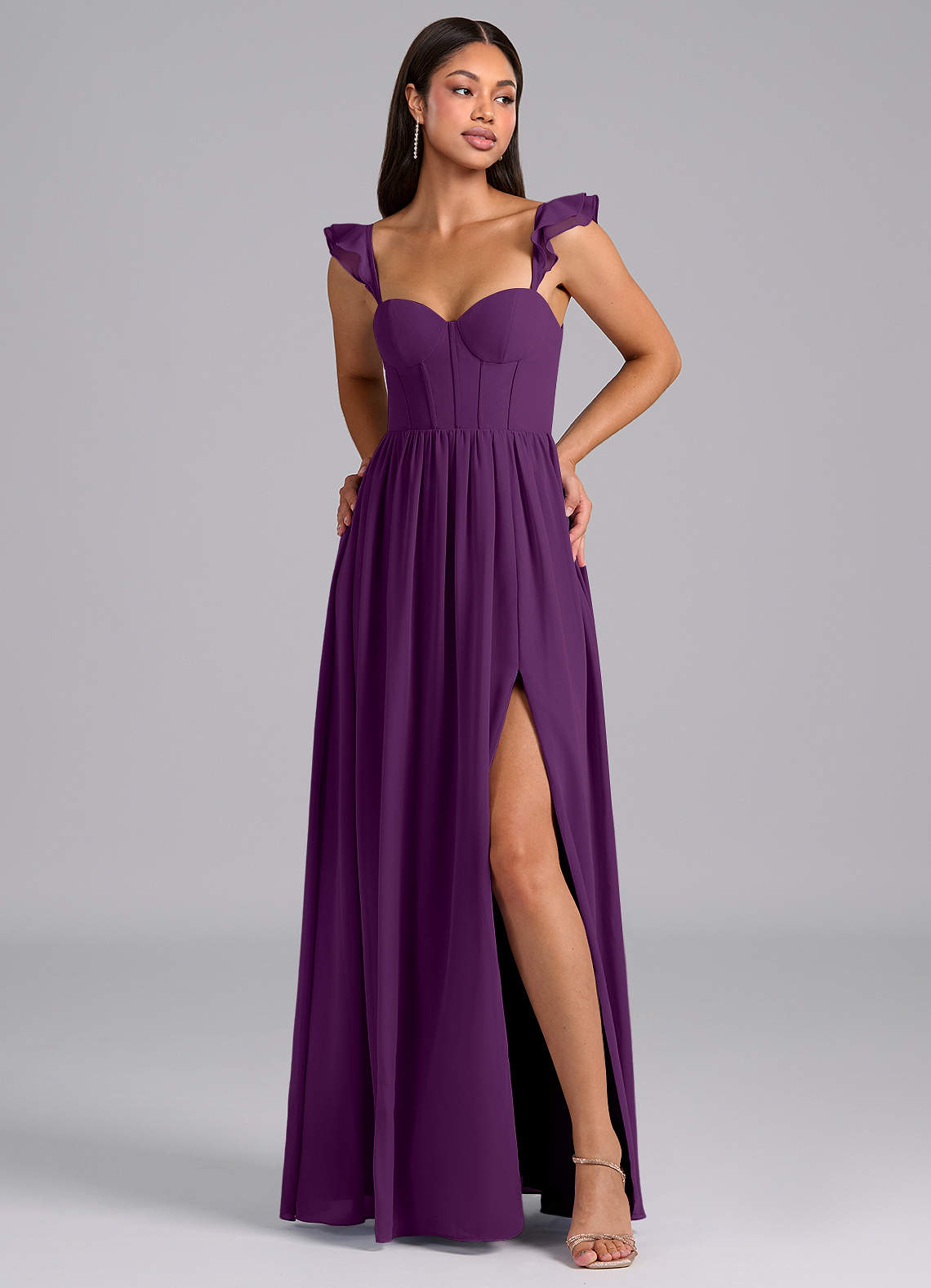 Azazie Denisse Abiti da Damigella Abito A-Line in Chiffon Increspato Uva image1