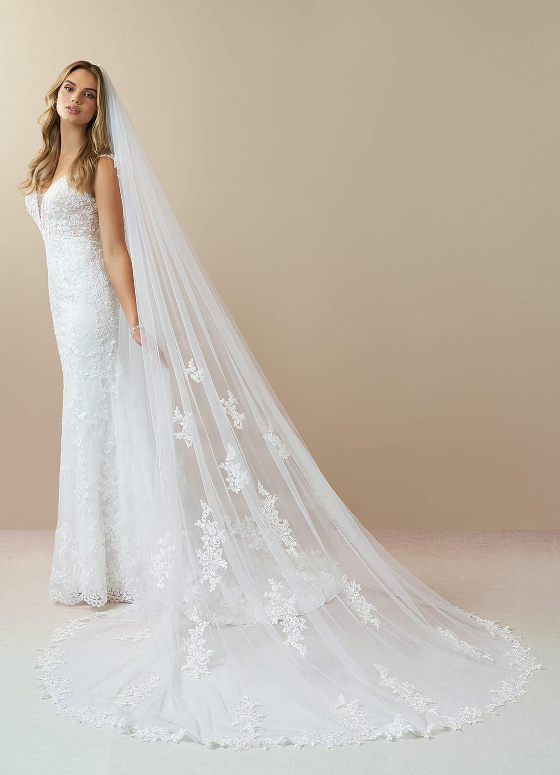 front Diamond And Lace Cathedral Veil