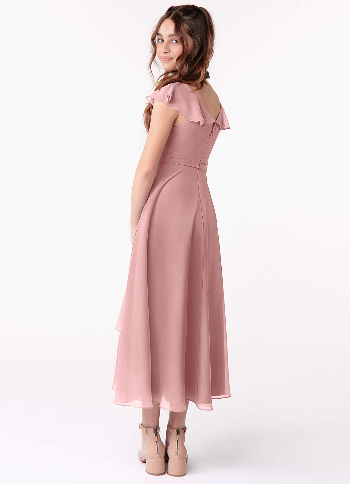 Azazie Posie Junior A-Linie Gestreift Chiffon Kleid Altrosa image3