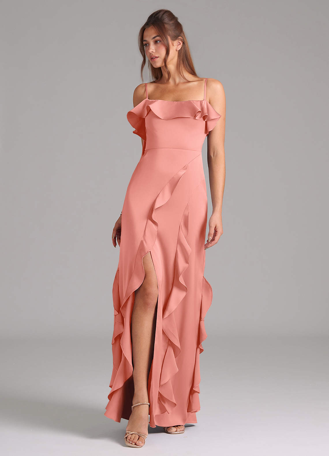Azazie Malia Bridesmaid Dresses Coral A-Line Side Slit Stretch Satin Dress image1