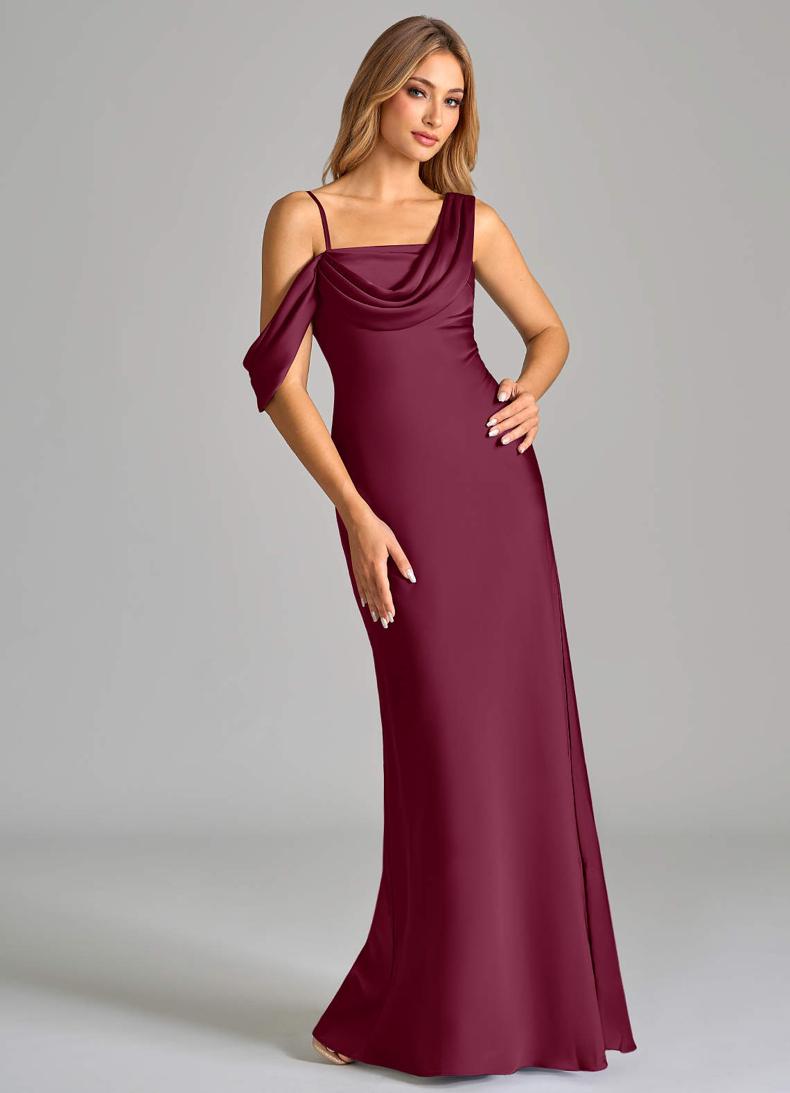 Azazie Celina Bridesmaid Dresses Mulberry Sheath Off the Shoulder Stretch Satin Dress image1