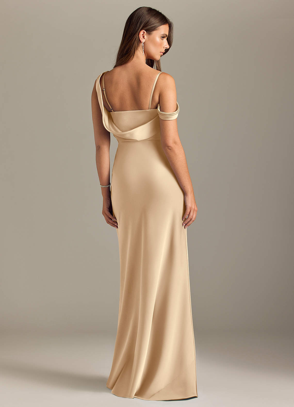 Azazie Madelyn Bridesmaid Dresses Champagne Mermaid Off the Shoulder Stretch Satin Convertible Dress image1