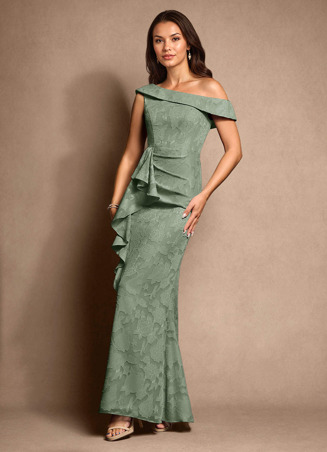 Azazie Hamptons vestidos de madre de la novia Vestido de Matcha de Devorado Floral de Corte En A con Plisado image4