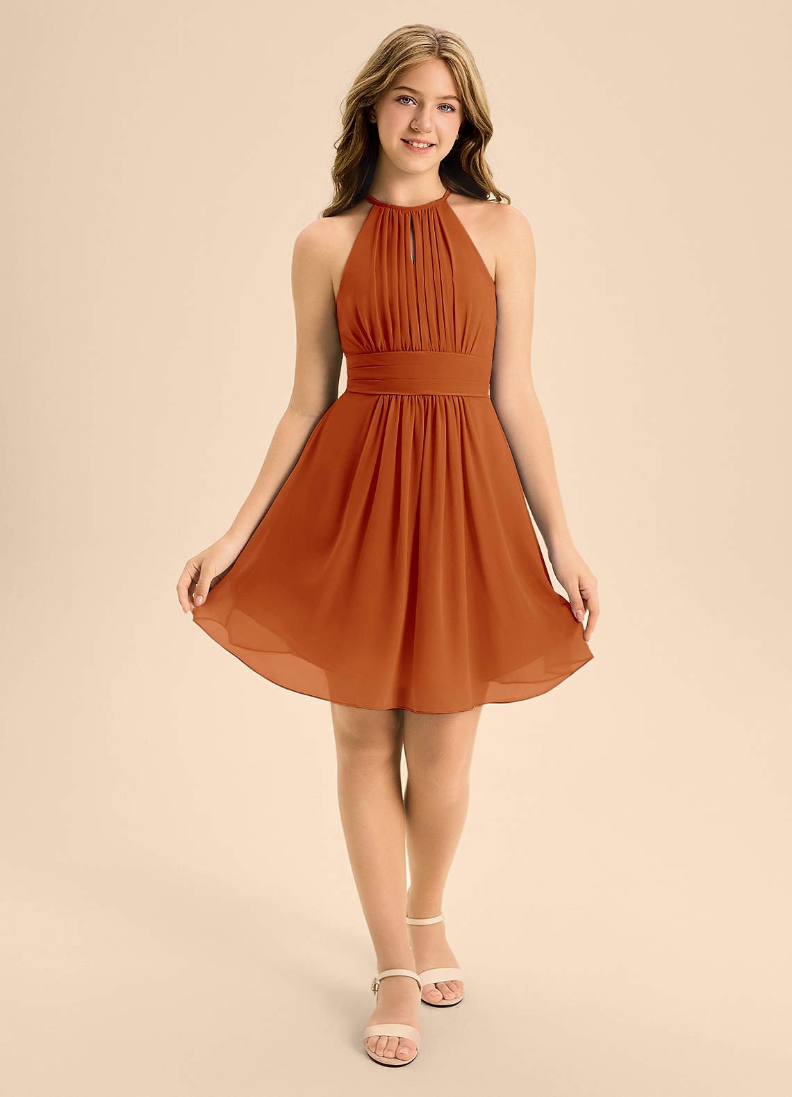 Azazie Bonnie Junior Paprika A-Line Pleated Chiffon Dress image1