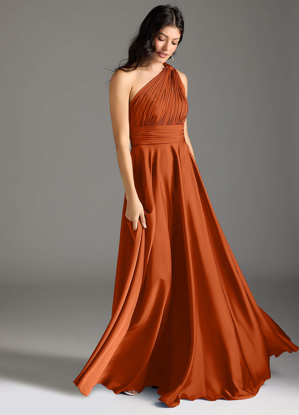 Azazie Charlize Bridesmaid Dresses Burnt Orange A-Line One Shoulder Stretch Satin Dress image2