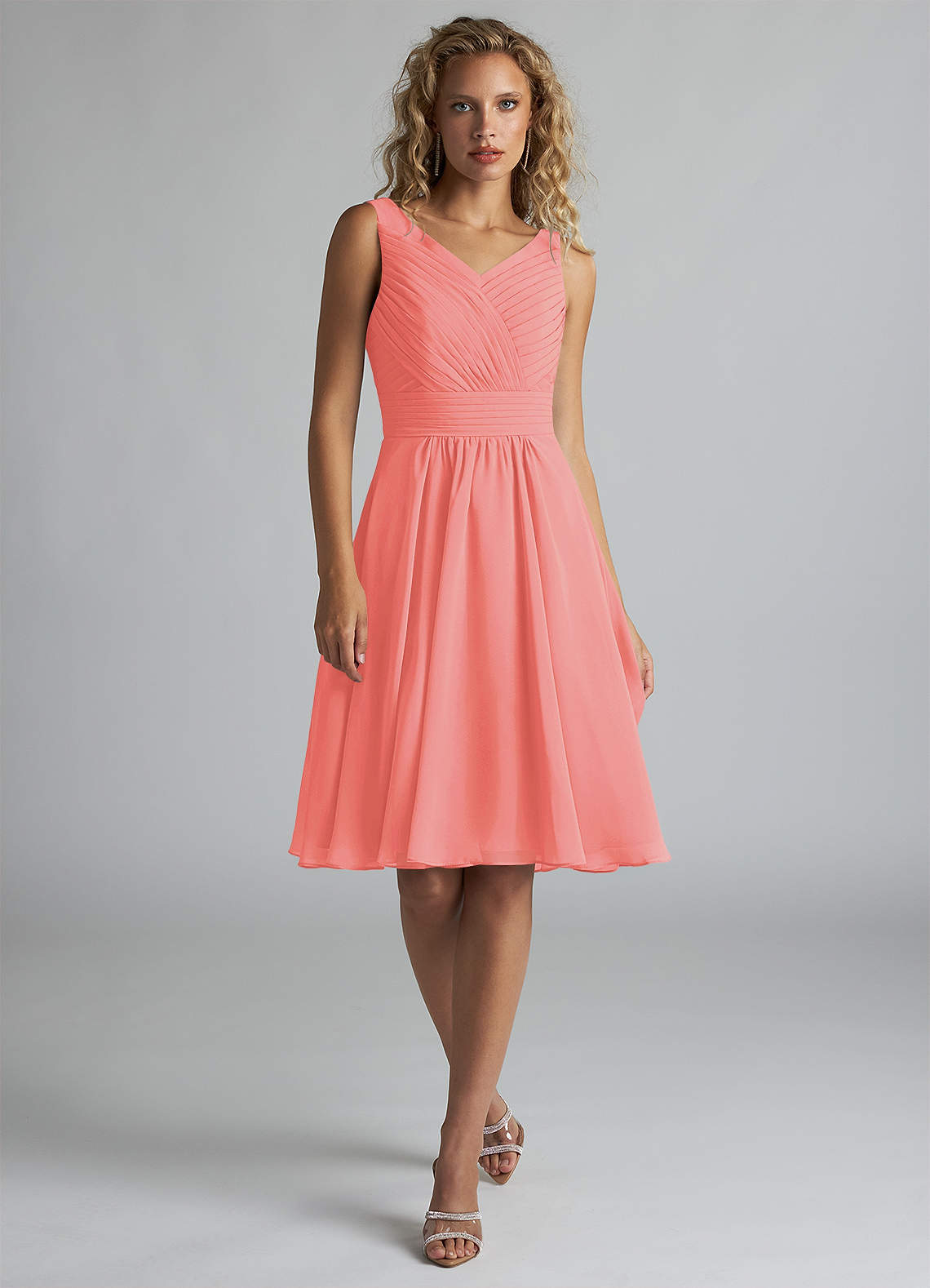 Azazie Grace Bridesmaid Dresses Coral A-Line Pleated Chiffon Dress image1