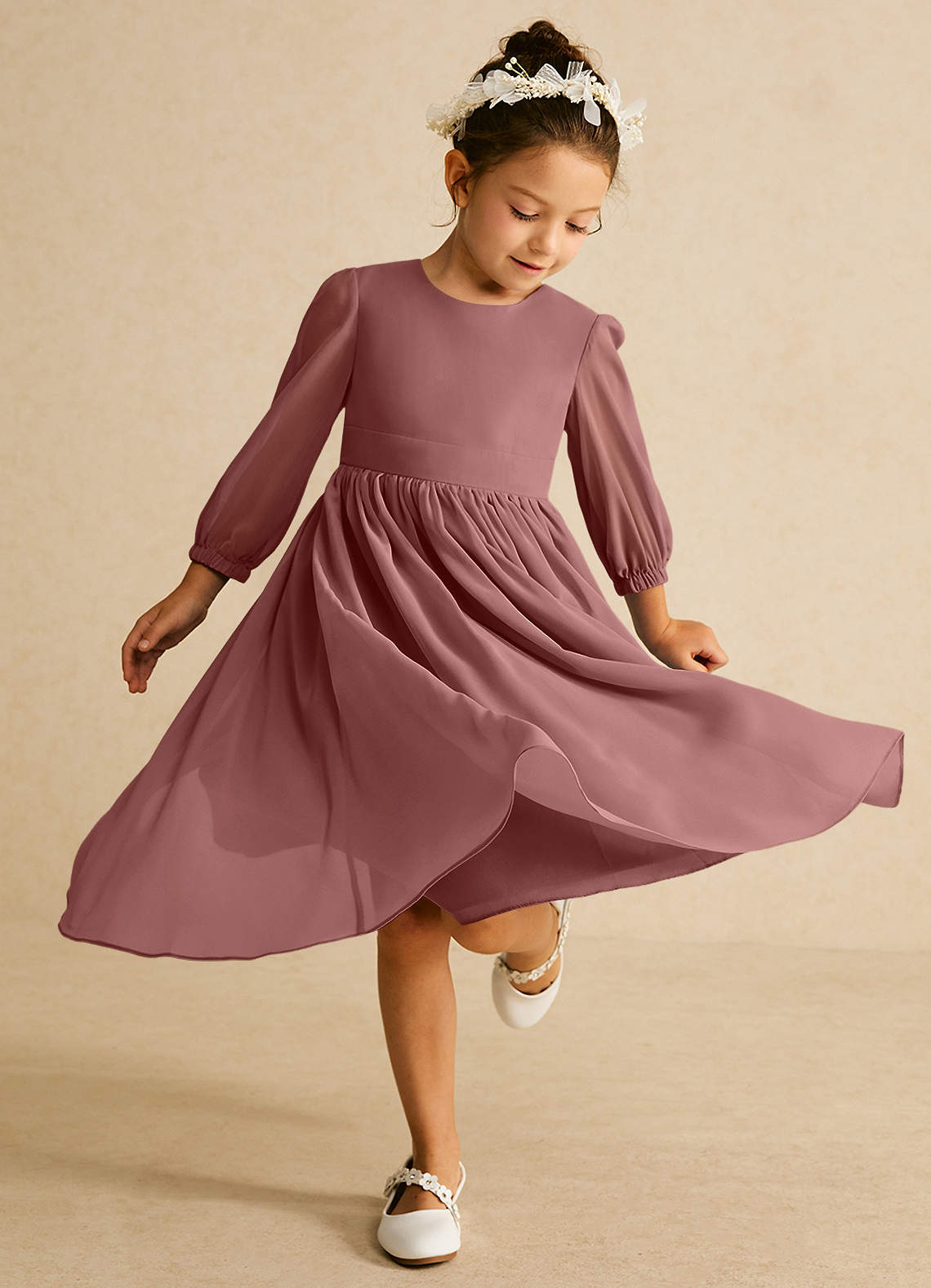 Azazie Lolo Flower Girl Dresses Desert Rose A-Line with Sleeves Chiffon Dress image1
