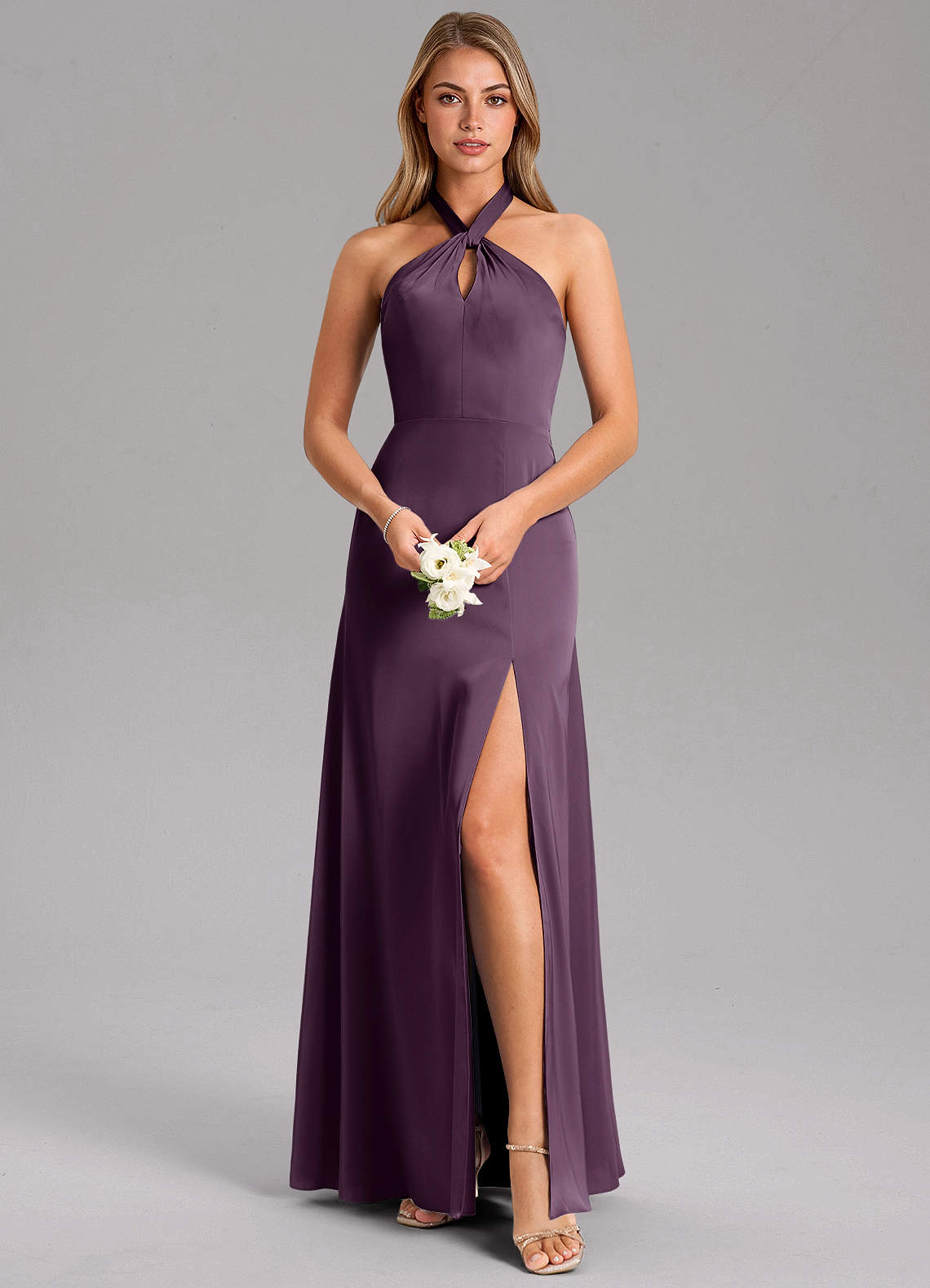 Azazie Tracie Bridesmaid Dresses Plum A-Line Side Slit Stretch Satin Dress image1