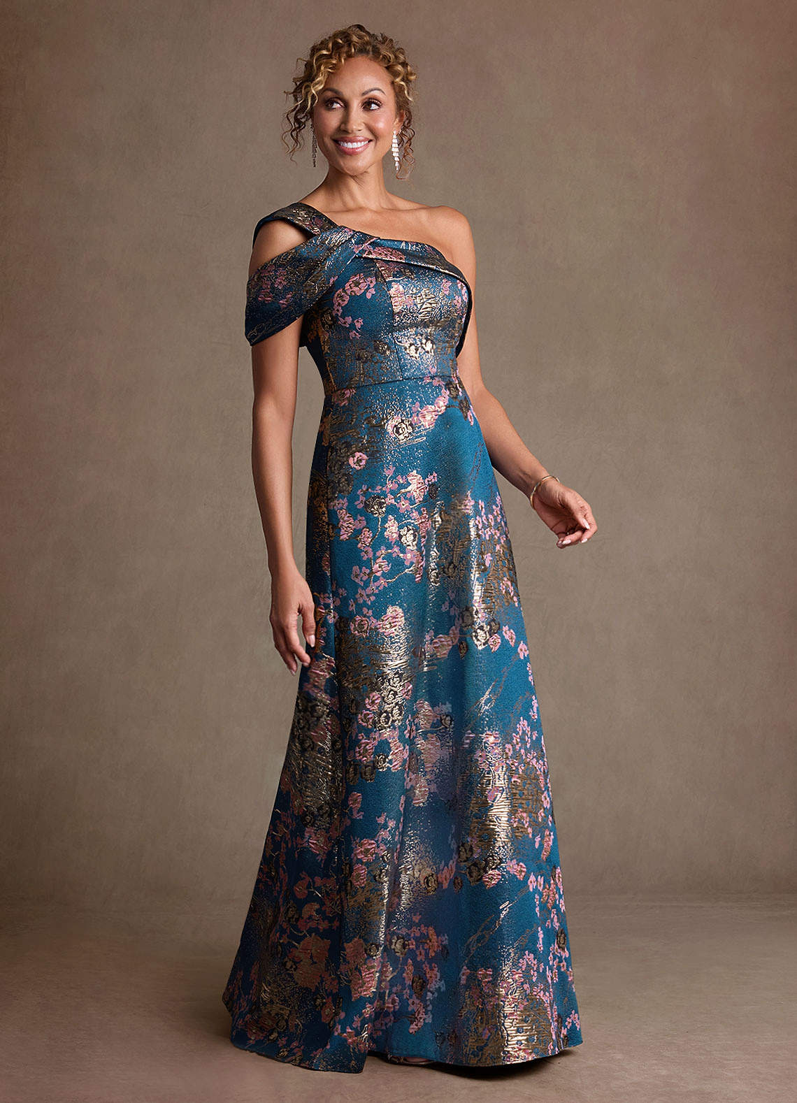 Azazie Yeshe Teal Floral A-Line Pleated Floral Jacquard Dress