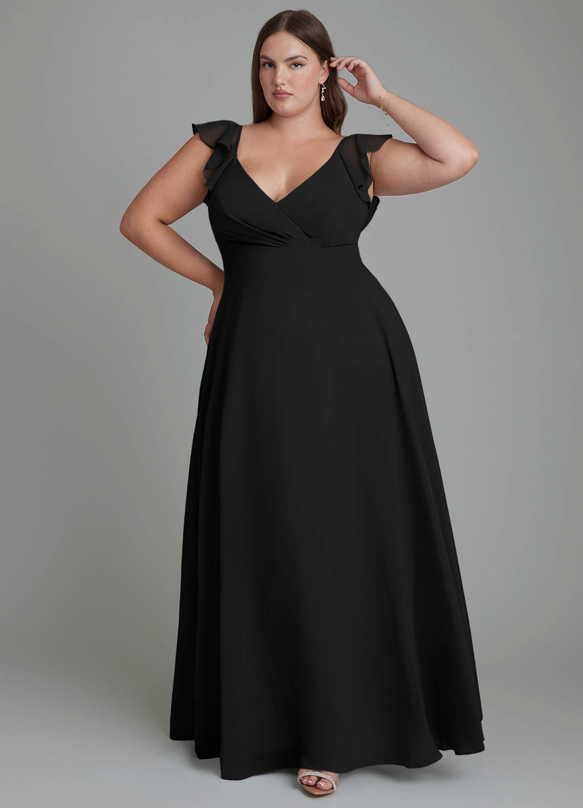 Azazie Leilani Abiti da Damigella Abito A-Line in Chiffon Plissettato Nero image1