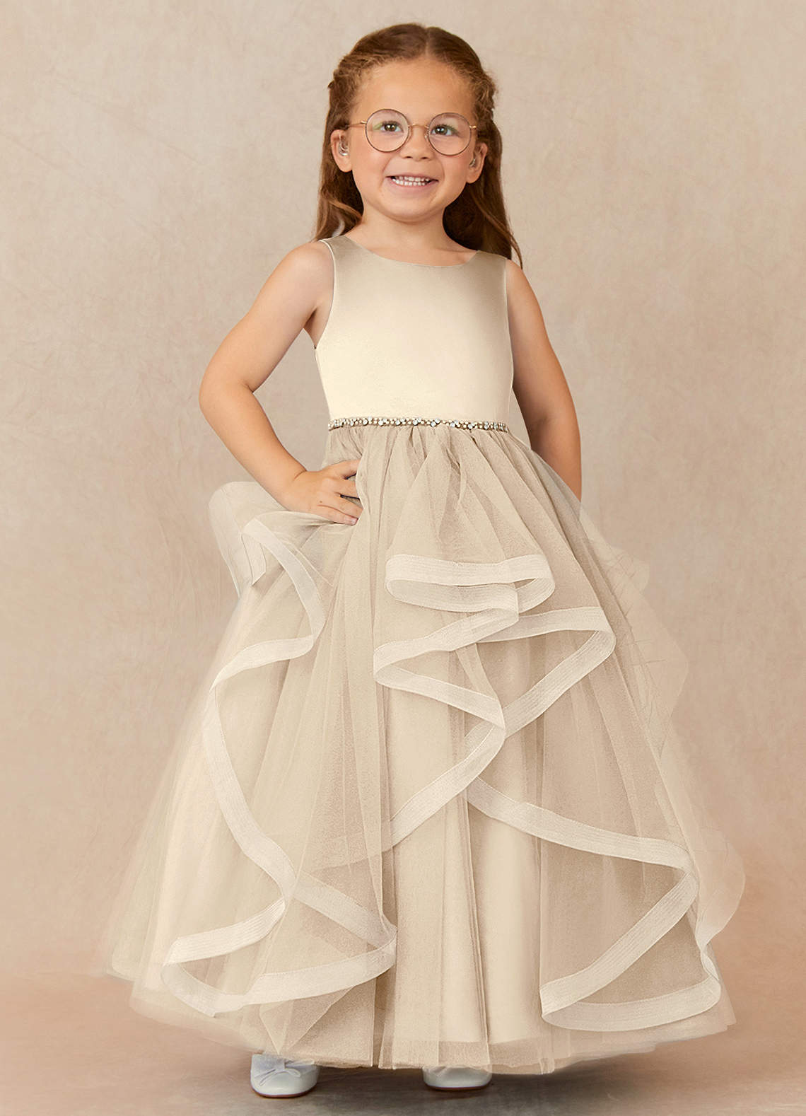 Azazie Sofia Abiti da Ragazza di Fiori Abito A-Line in Tulle Perline Champagne image1