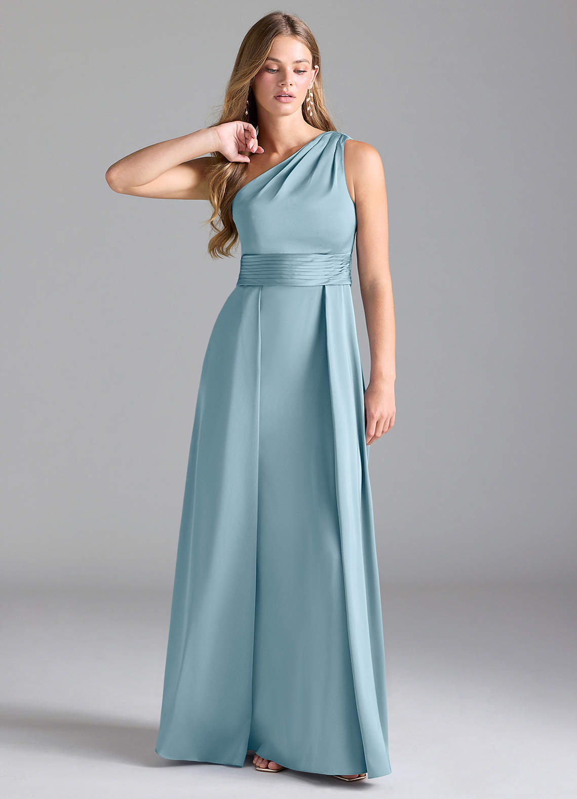 Azazie Dallas Robes de demoiselle d'honneur Robe Trapèze en Satin extensible Ue épaule Bleu Maussade image1