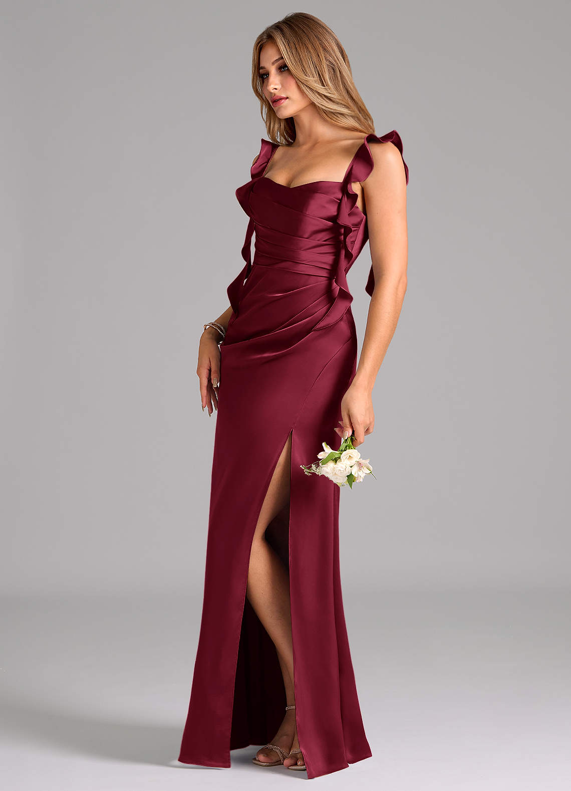 Azazie Jessamine Bridesmaid Dresses Burgundy Sheath Corset Stretch Satin Dress image4