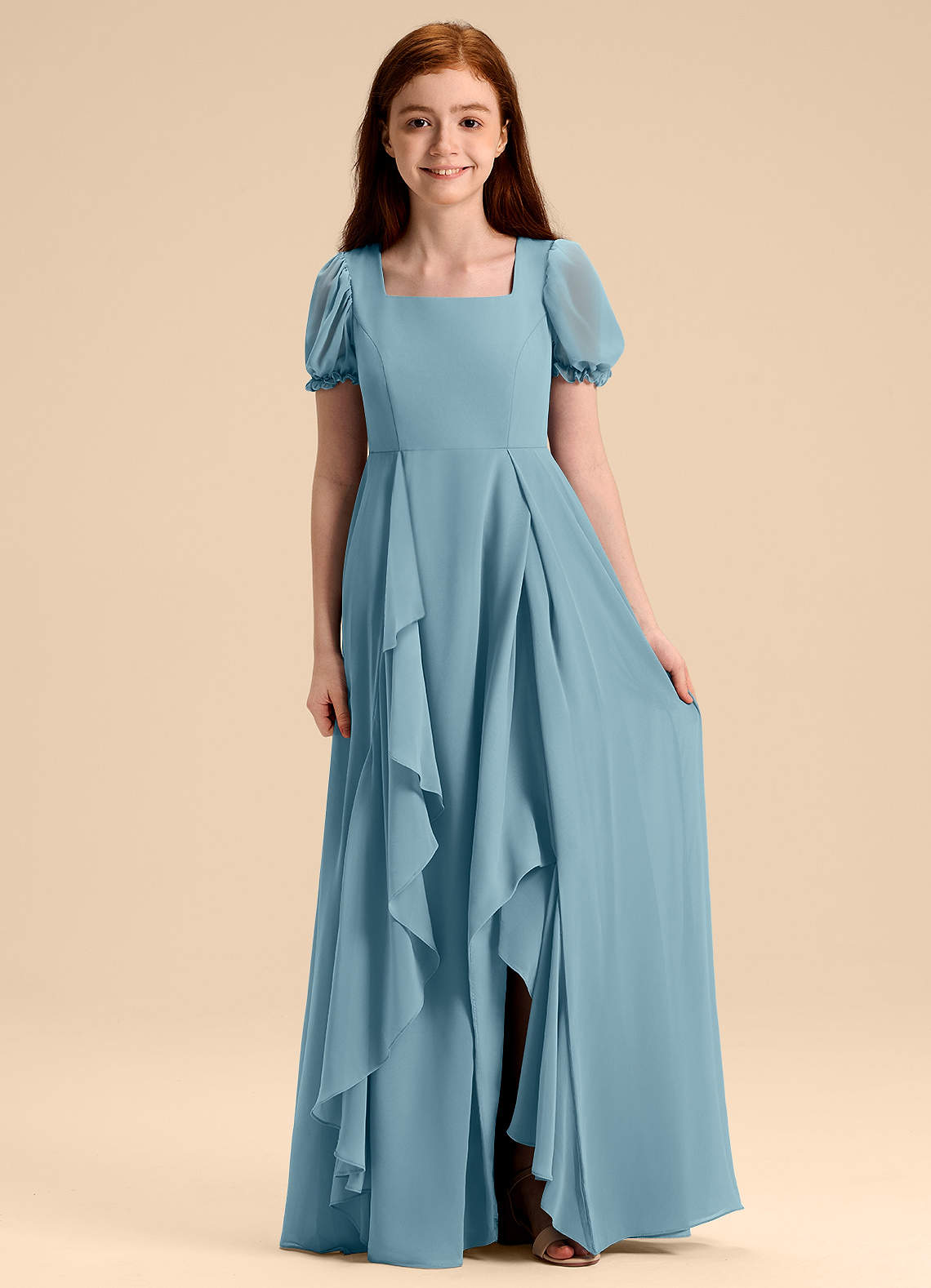 Azazie Priya Junior Abito A-Line in Chiffon Blusa Blu Lunatico image1