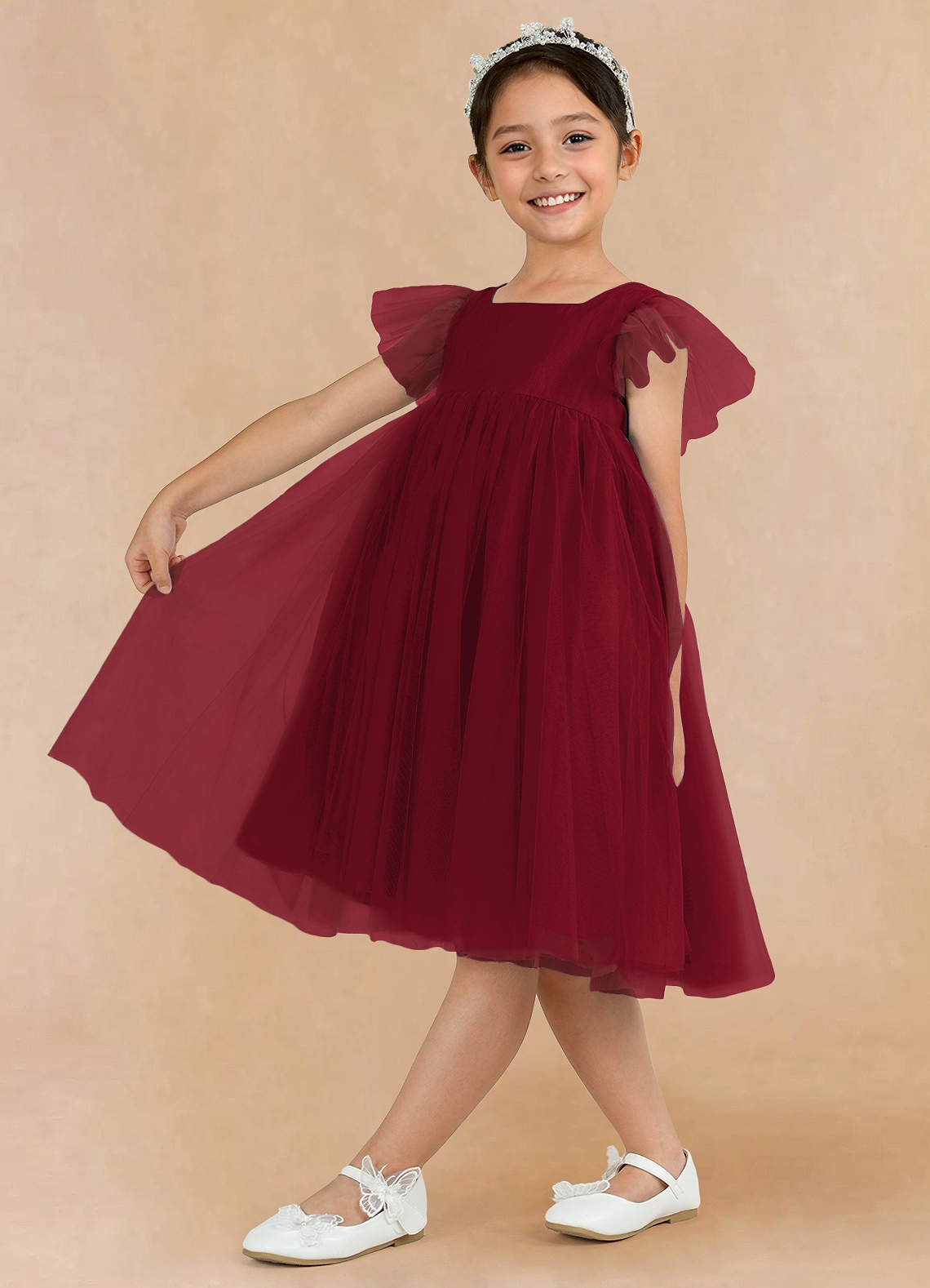 Tulle Knee-length Burgundy Dress (2003227640)