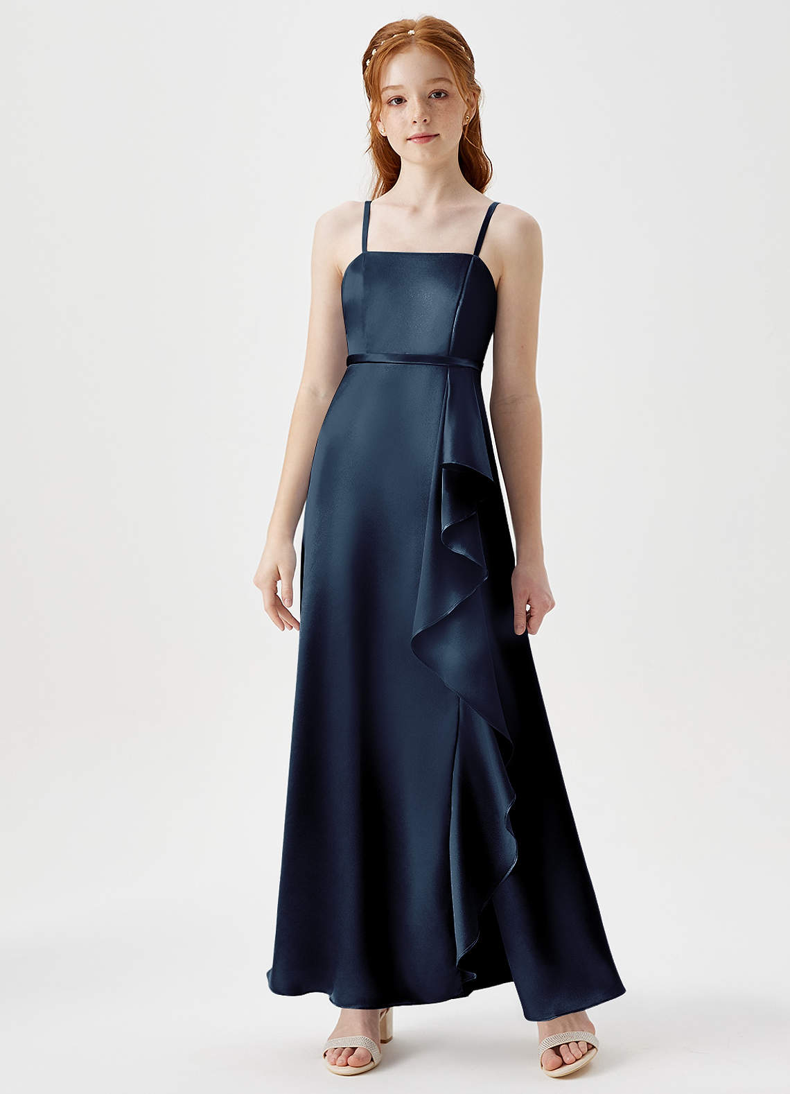 Azazie Kaylee Junior Dark Navy A-Line with Belt Metallic Satin Dress image1