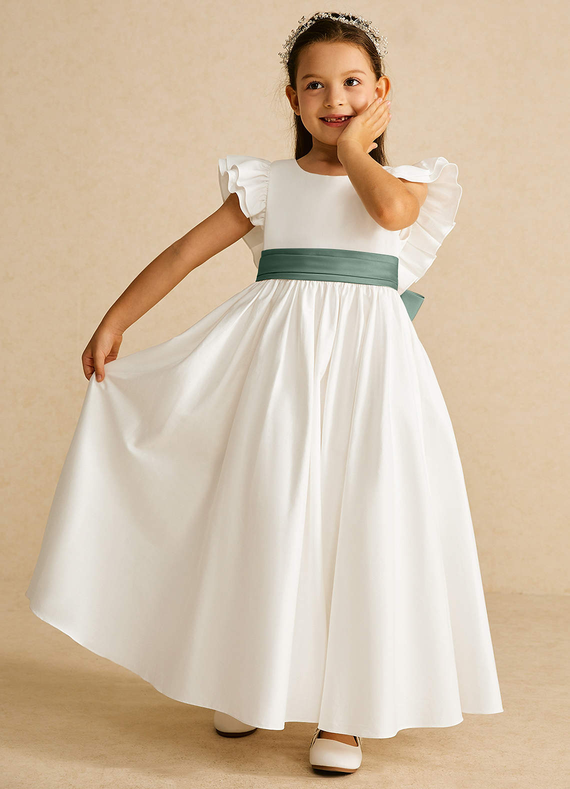 Azazie Aero Flower Girl Dresses Ivory Eucalyptus A-Line Pleated Cotton Dress image5