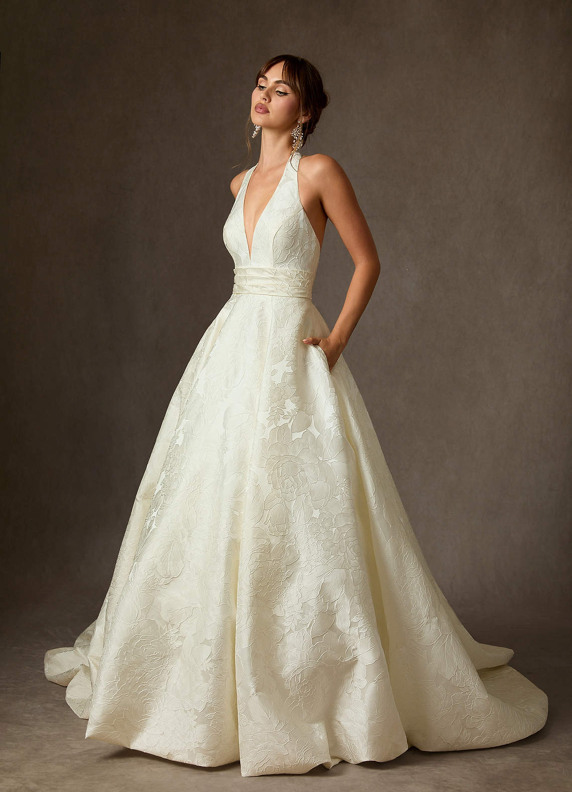 Azazie Saphira Wedding Dresses Antique White Ball-Gown with Pockets Floral Jacquard Dress image2