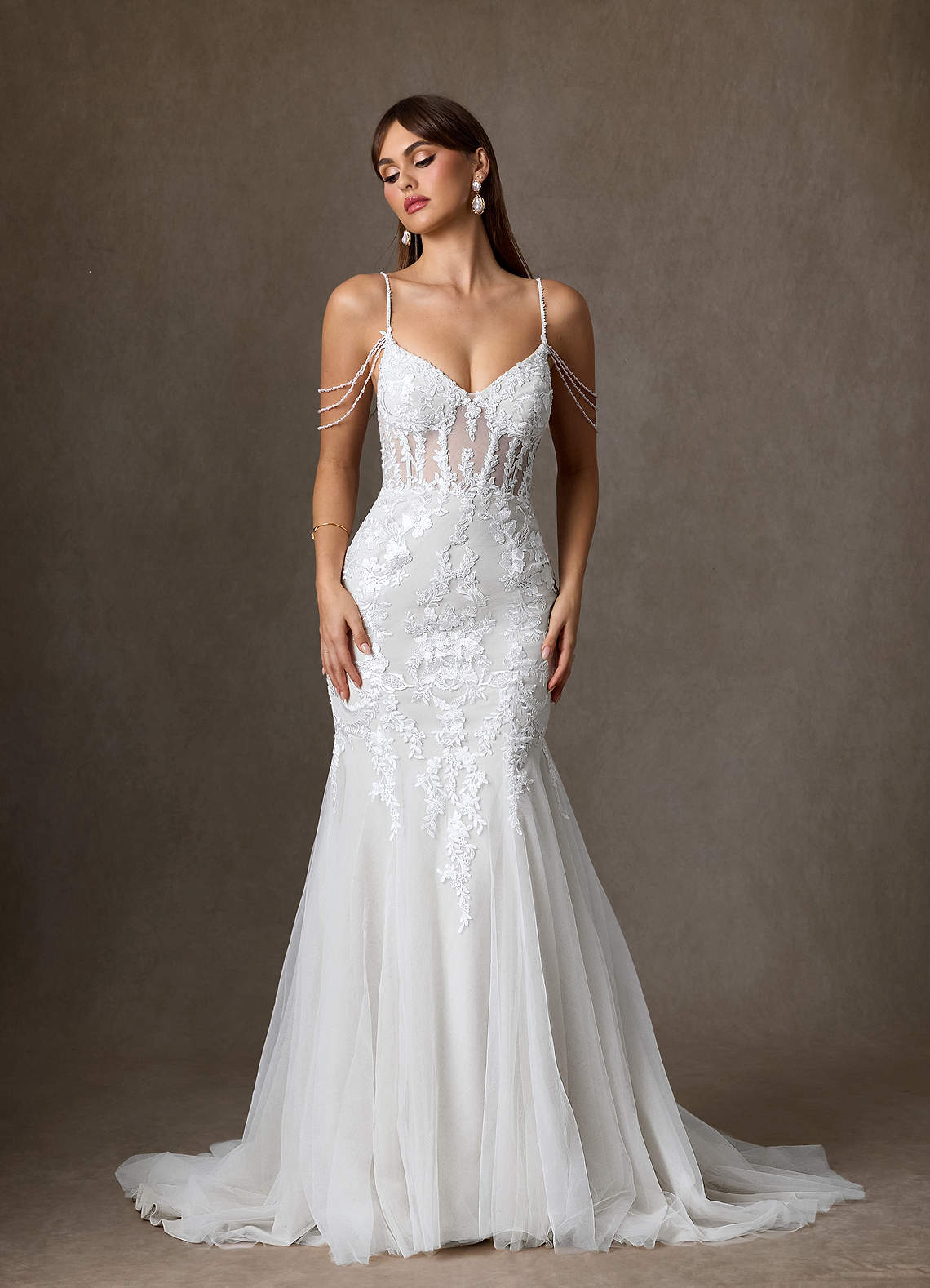 Azazie Denise Vestidos de noiva Vestido Diamante Branco de Tule de sereia com Lantejoulas image3