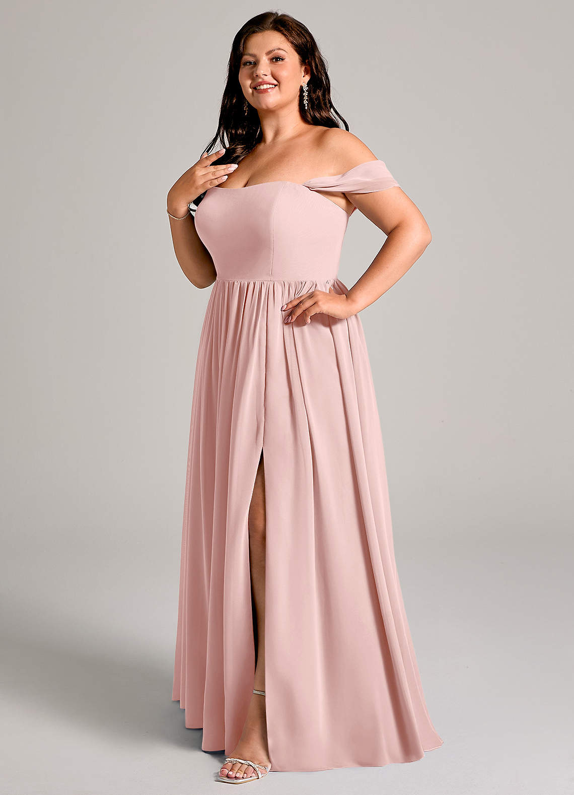 Azazie Calianna Bridesmaid Dresses Powder Pink A-Line Off the Shoulder Chiffon Convertible Dress image1