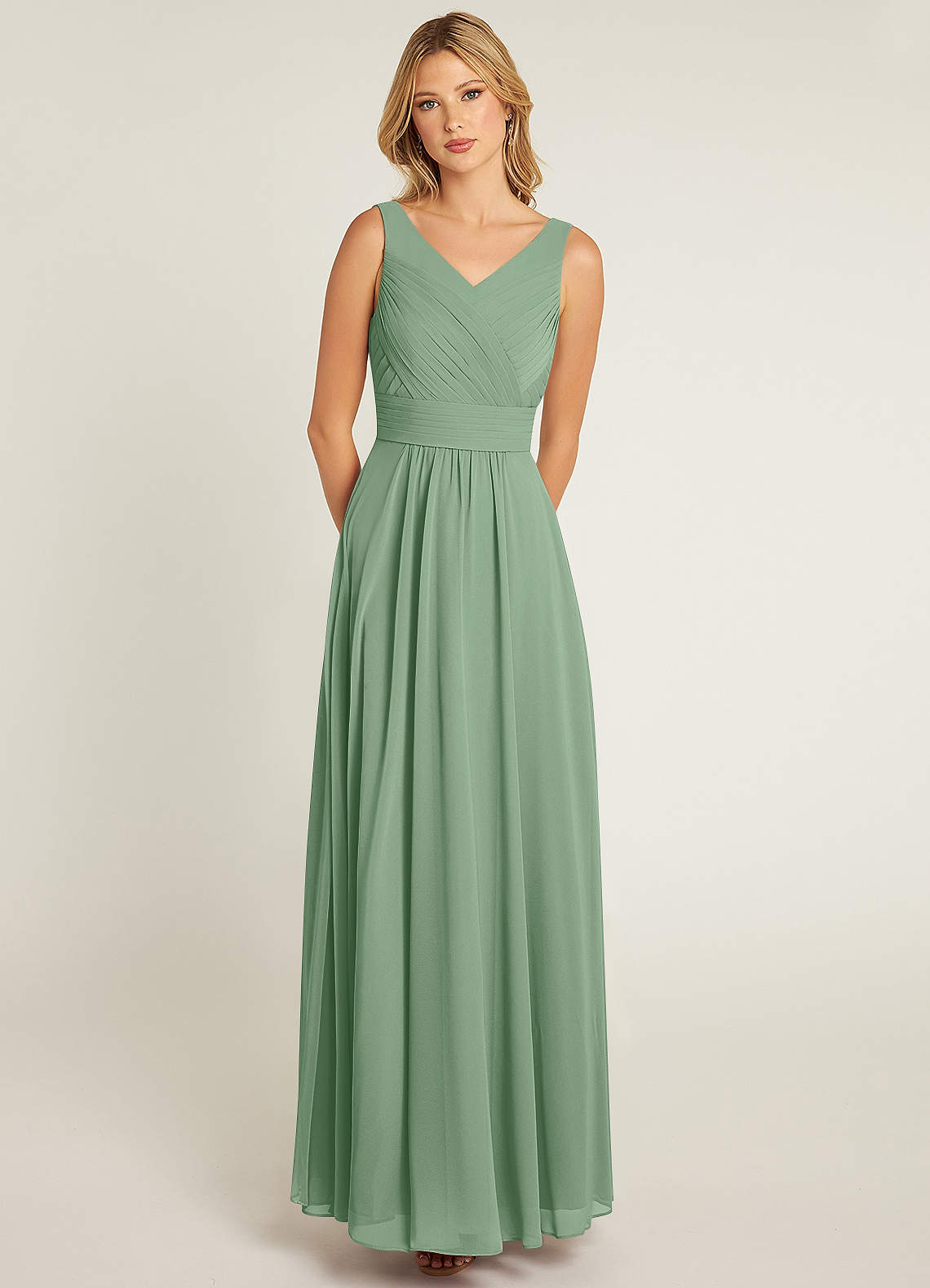 Azazie Pierrette Bridesmaid Dresses Matcha A-Line Pleated Chiffon Dress image1