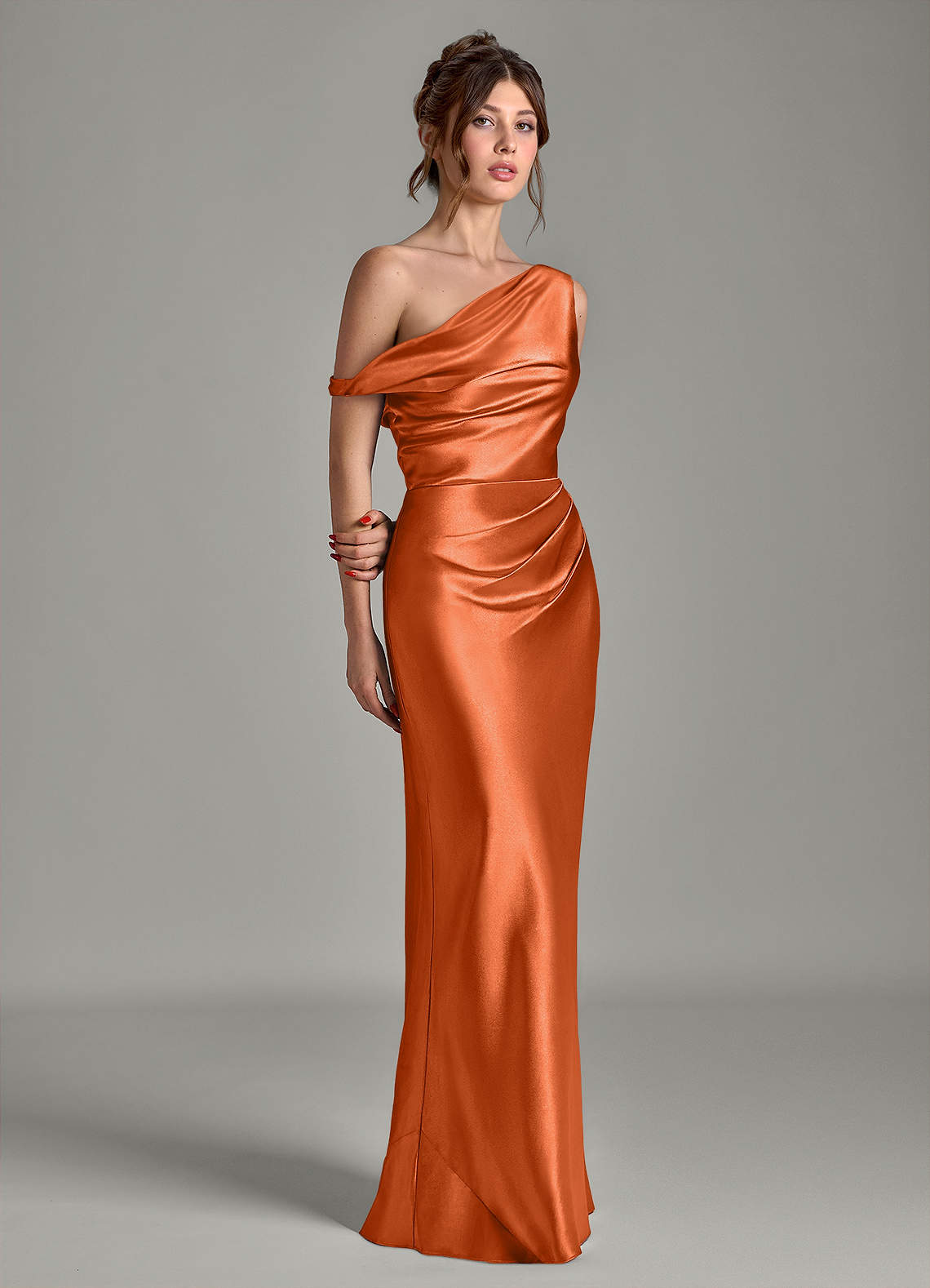 Azazie Emerson Bridesmaid Dresses Burnt Orange Mermaid Off the Shoulder Metallic Satin Dress image4
