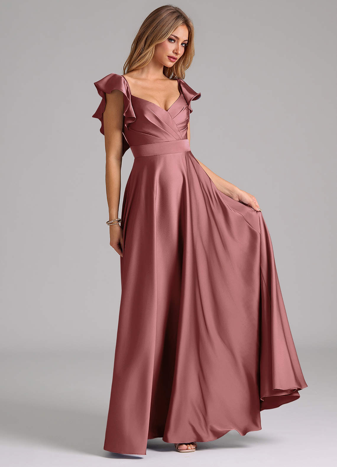 Azazie Leilani Bridesmaid Dresses Amethyst A-Line Ruched Stretch Satin Dress image3