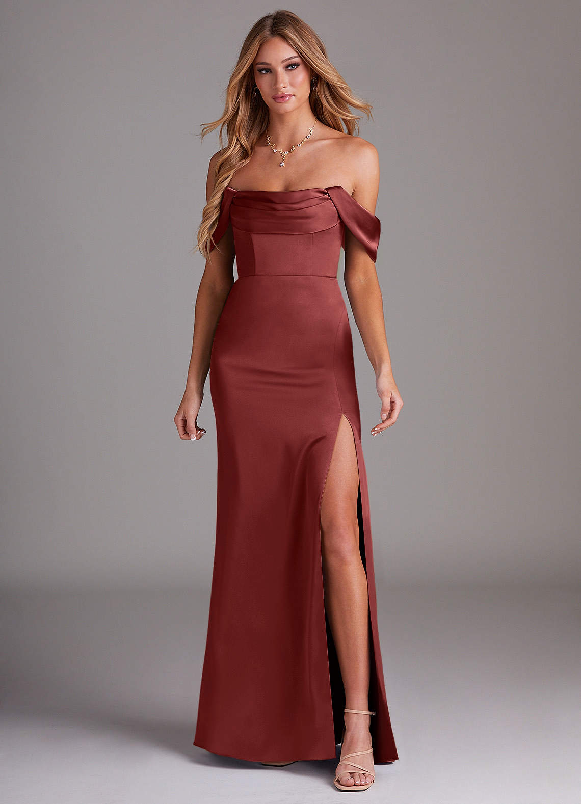 terracotta color bridesmaid dress Azazie Sheath Off The Shoulder Floor-Length Stretch Satin Dresses Terracotta Length dress-romper Natural Cotton Blend Stripe Design:FR36 - US6- UK10