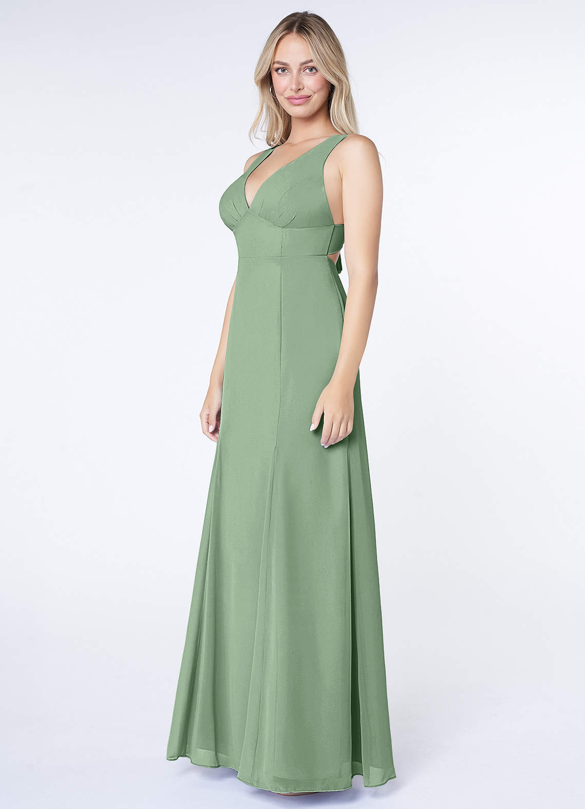 Azazie Christiana Vestidos de damas de honor Vestido de Matcha de Gasa de Corte en A con Cuello en V plisado image3