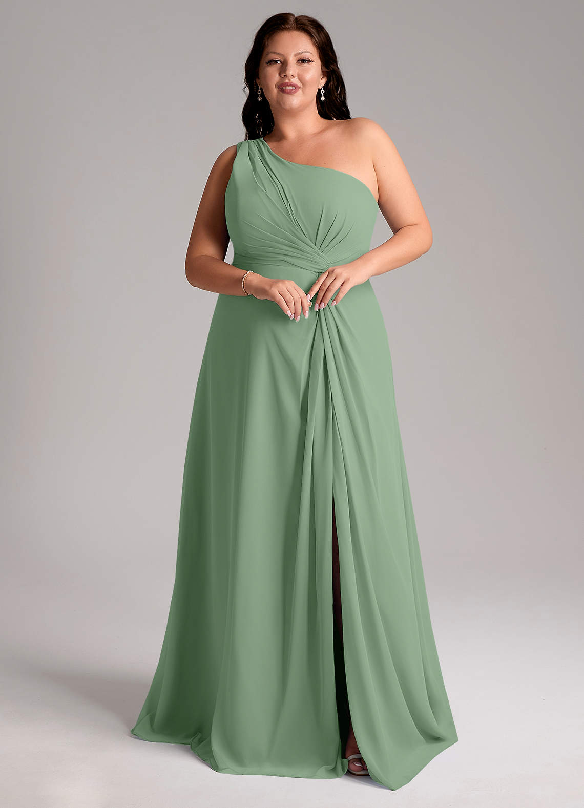 Azazie Brooke Bridesmaid Dresses Matcha A-Line One Shoulder Chiffon Dress image10