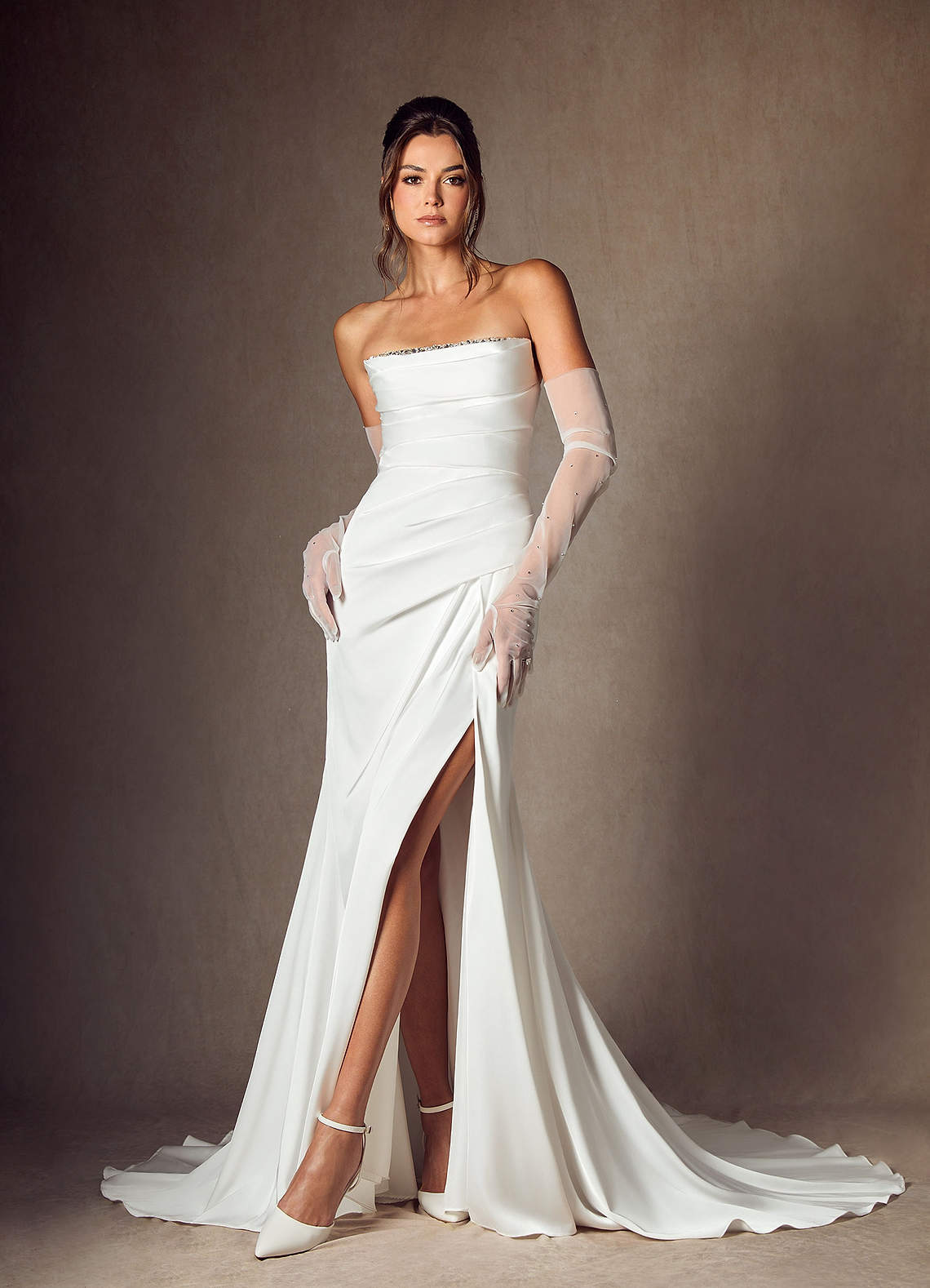 Azazie Elara Wedding Dresses Diamond White Mermaid Strapless Stretch Satin Dress image1
