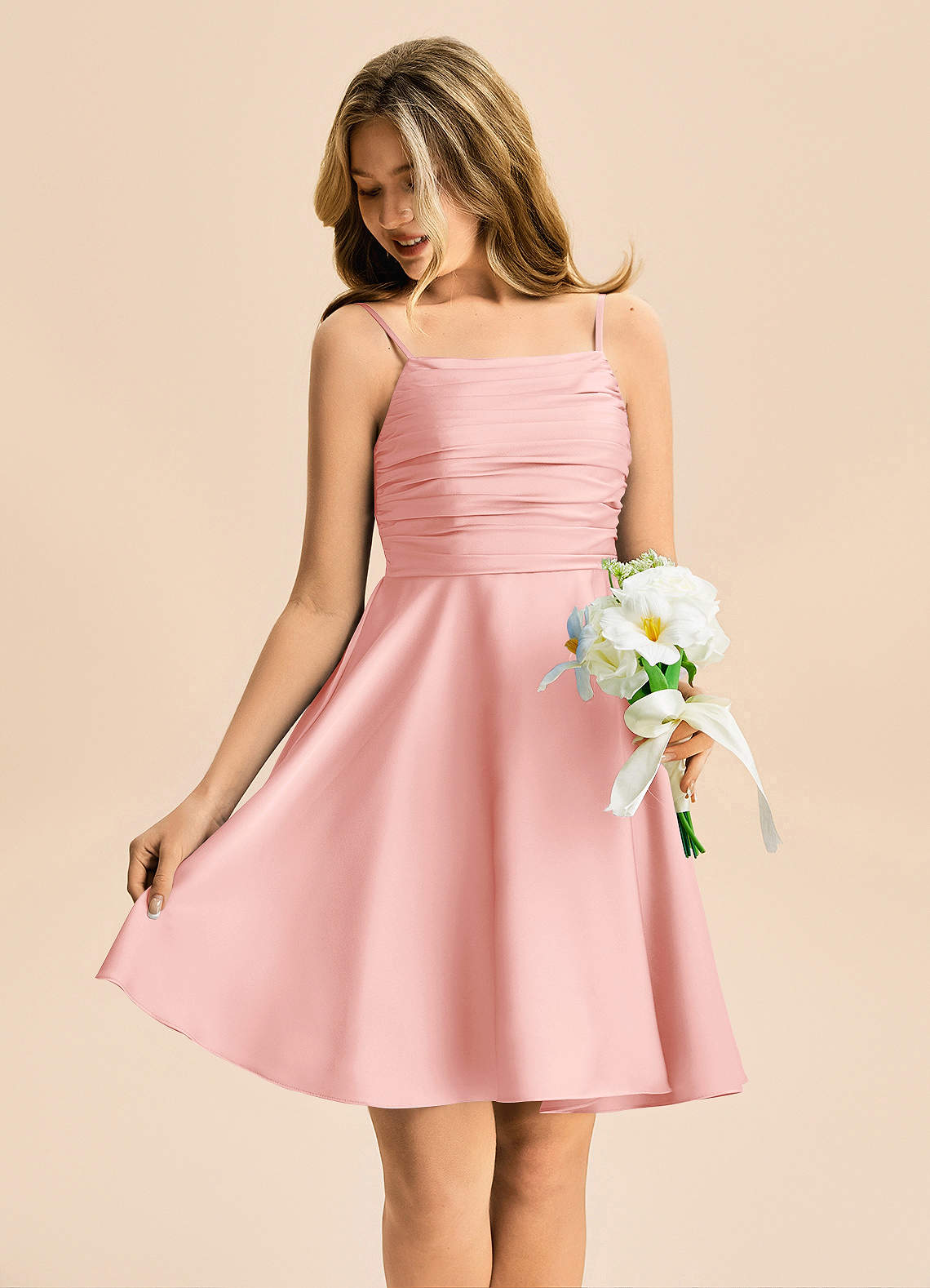 Azazie Miko Junior Blushing Pink A-Line Pleated Stretch Satin Dress image3