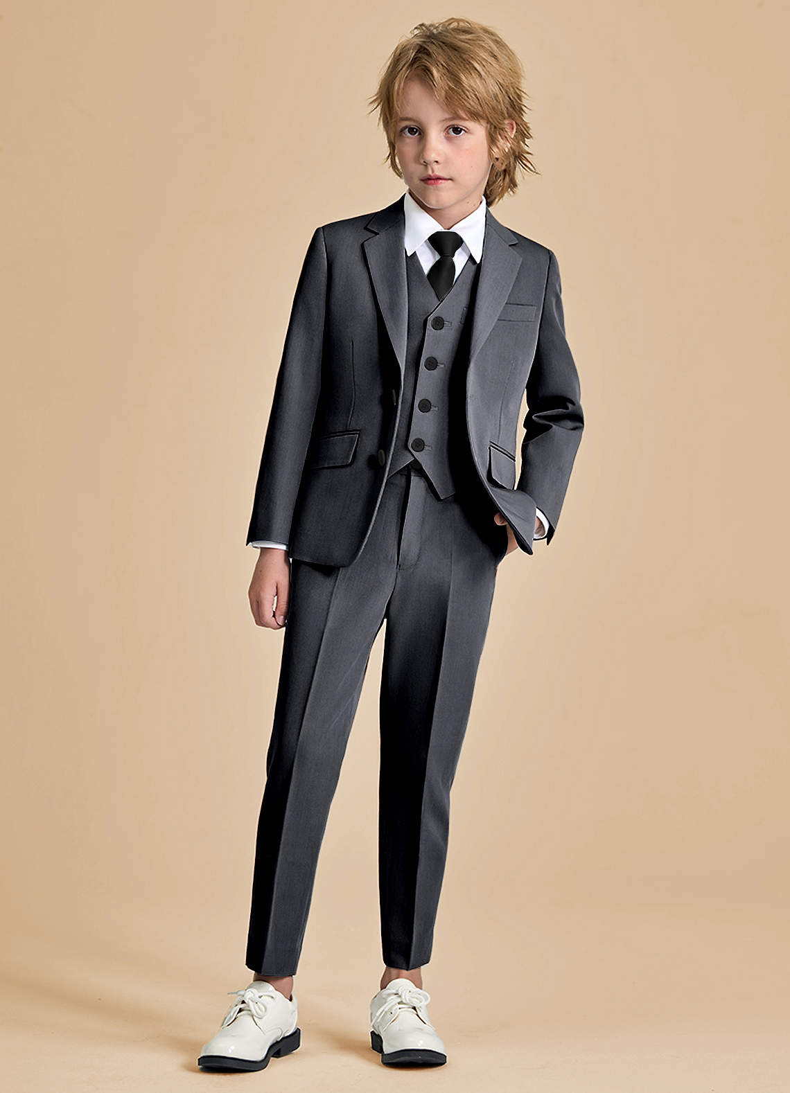 front Oliver Boys Charcoal 5-Piece Suit With Pre-tie