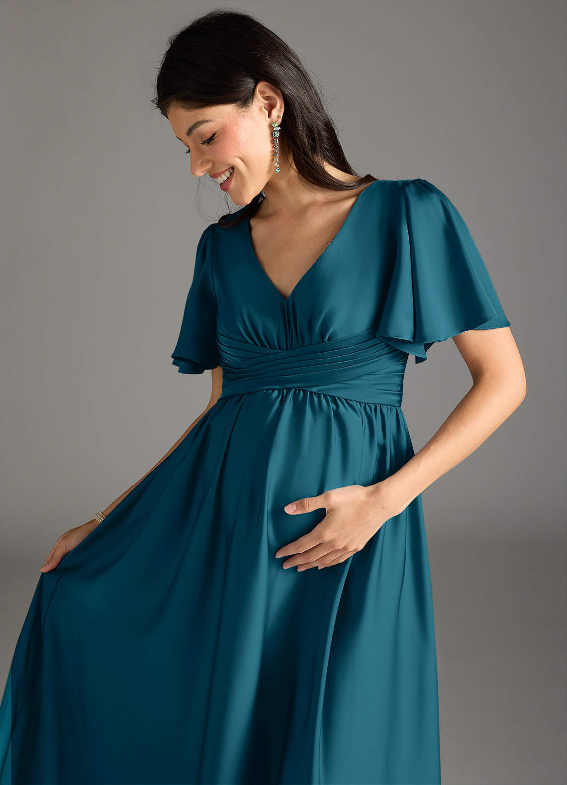 Azazie Plus Size A-Line/Princess V-Neck Floor-Length Stretch Satin Maternity Bridesmaid Dresses - Ink Blue