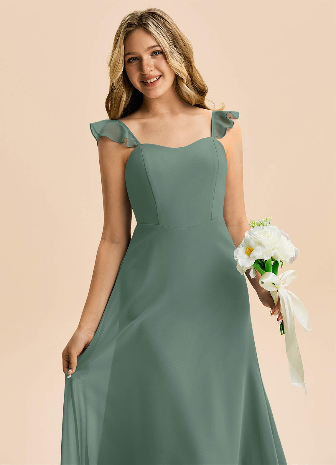 Azazie Mavie Junior Abito A-Line in Chiffon Increspato Eucalipto image4