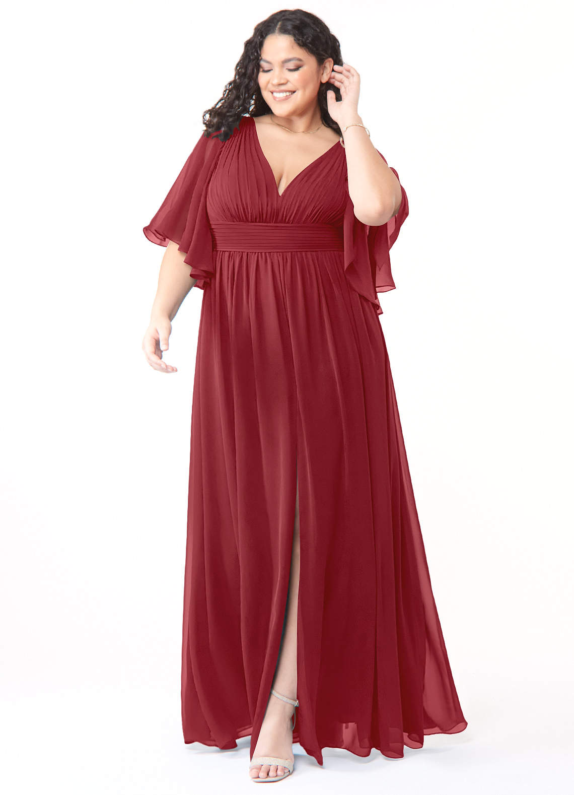 Azazie Temeka Bridesmaid Dresses Pomegranate A-Line Ruched Chiffon Dress image1
