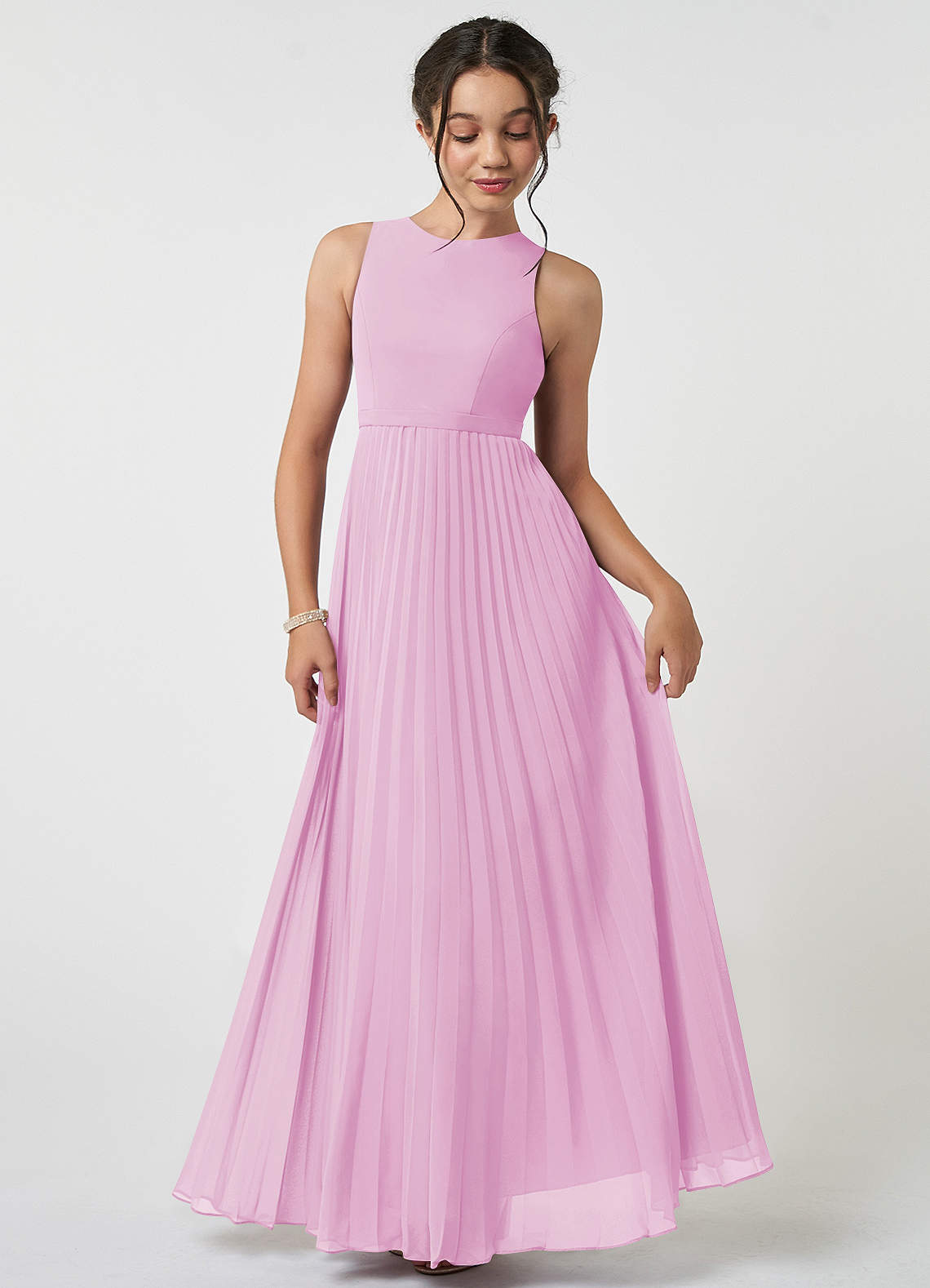 Azazie Lindie Junior Robe Trapèze en Mousseline de soie Plissée Rose Bonbon image1