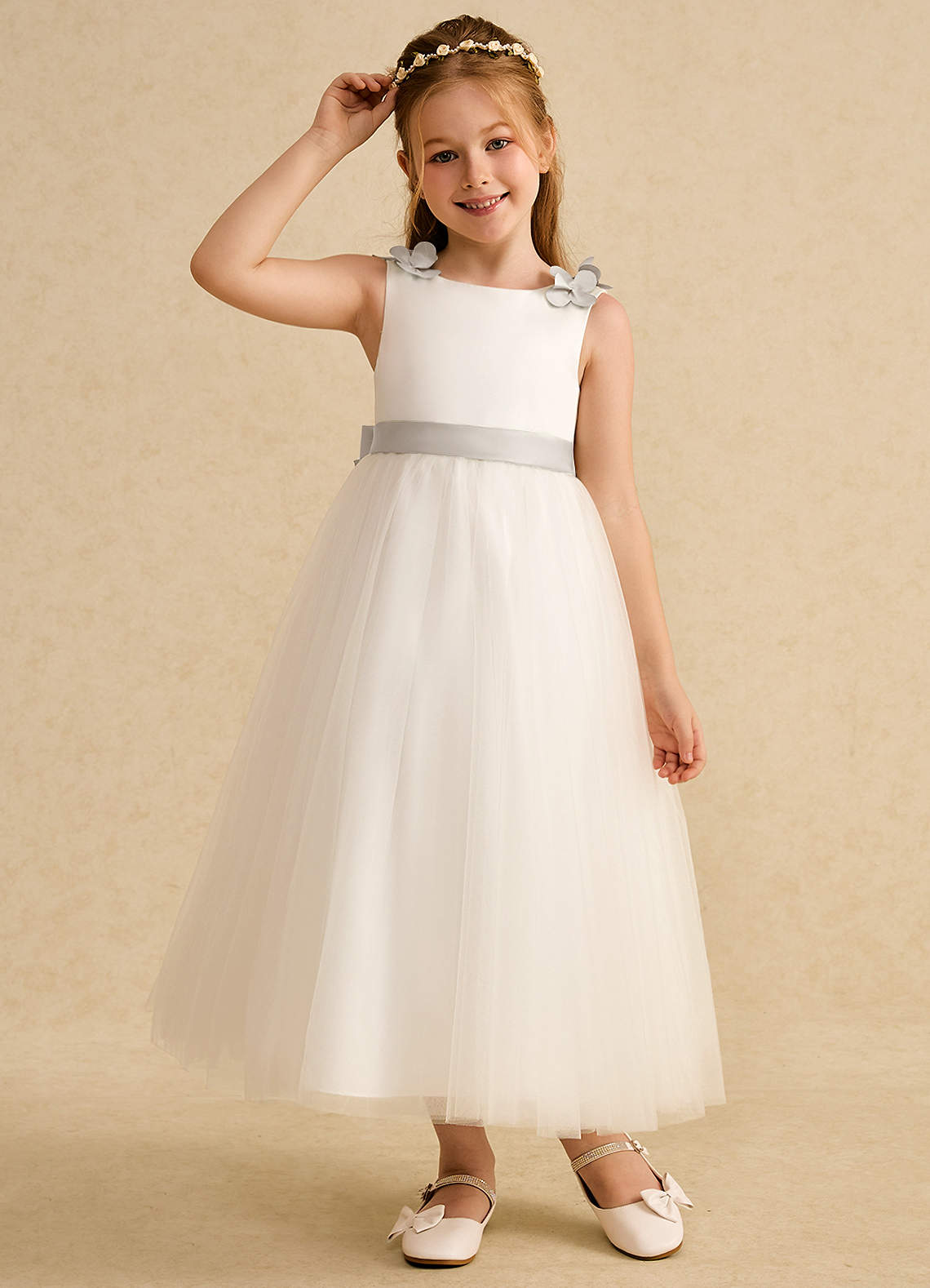 Azazie Lilli Robe Demoiselle D'honneur Fillette Robe Trapèze en Tulle Arc Ivoire Givre image4