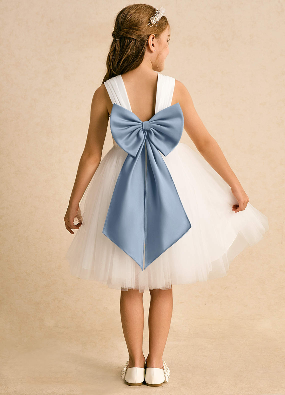 Azazie Dimple Abiti da Ragazza di Fiori Abito Principessa in Tulle Pizzo Avorio Blu Polvere image1