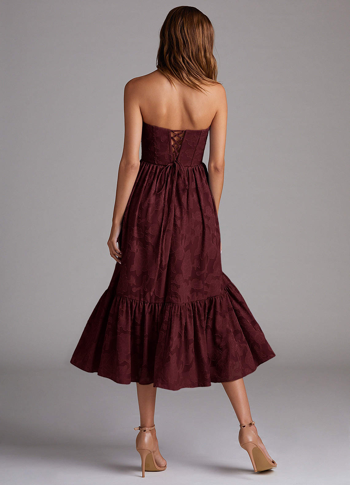 Azazie Delphina Bridesmaid Dresses Cabernet A-Line Strapless Floral Burnout Convertible Dress image3