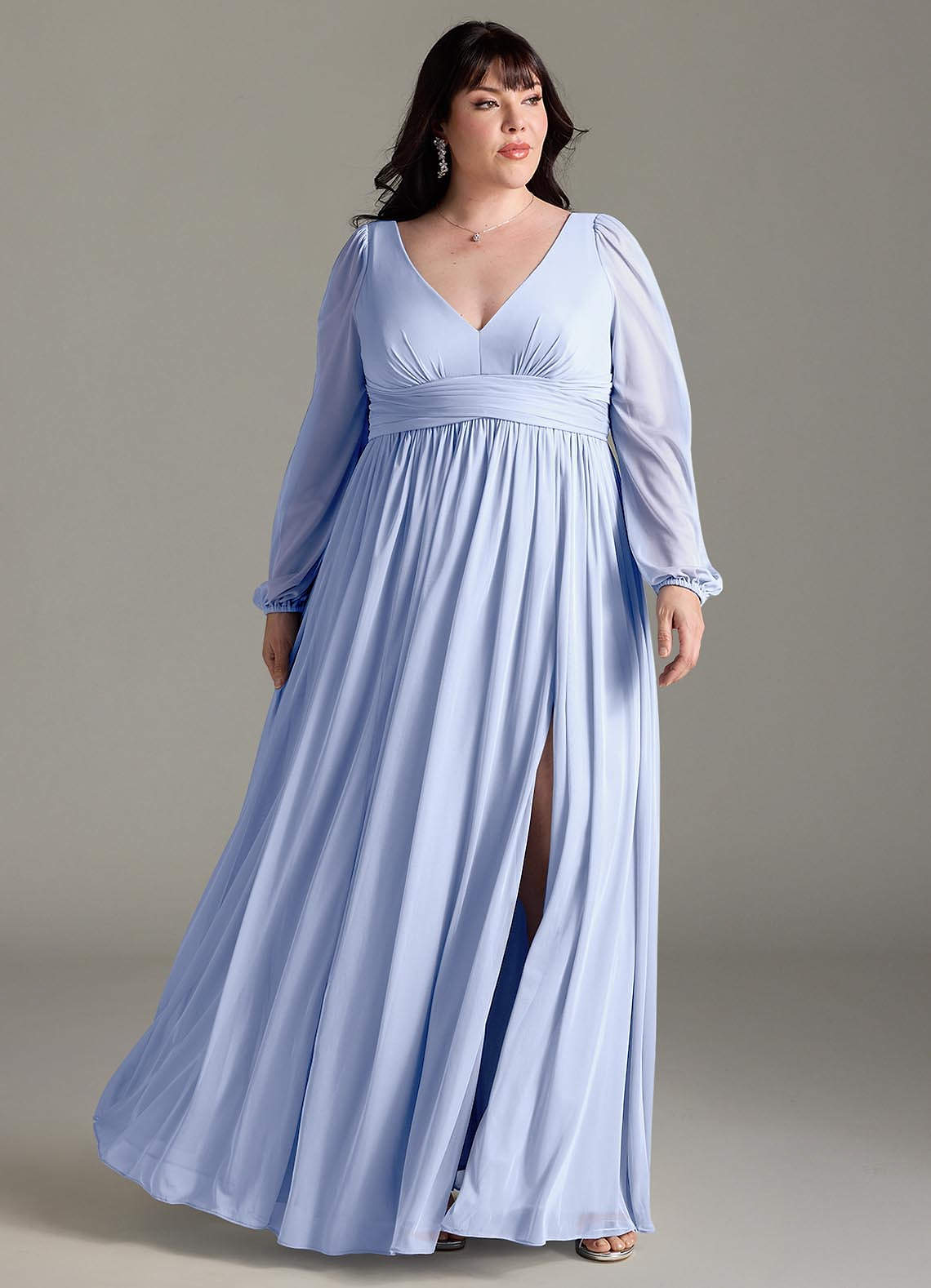 Azazie Norah Bridesmaid Dresses Ice A-Line V-Neck Long Sleeve Chiffon Dress image1