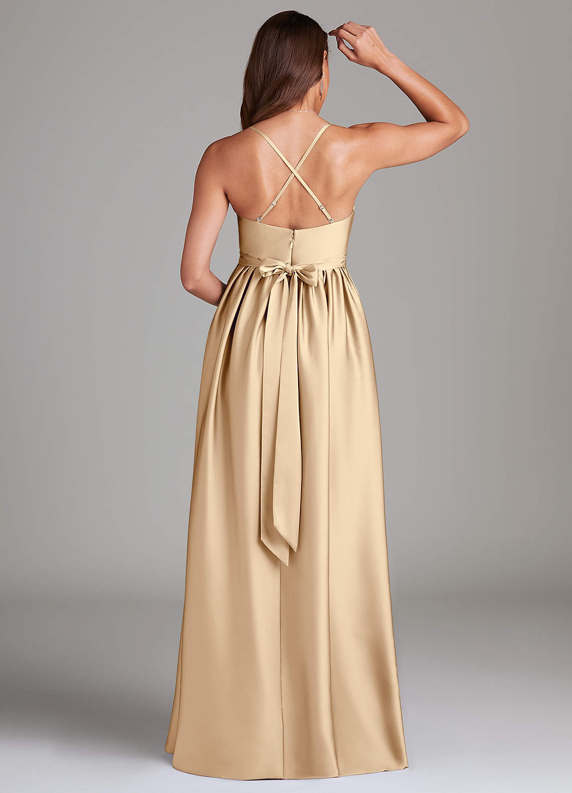 champagne satin maternity dress Azazie Llana