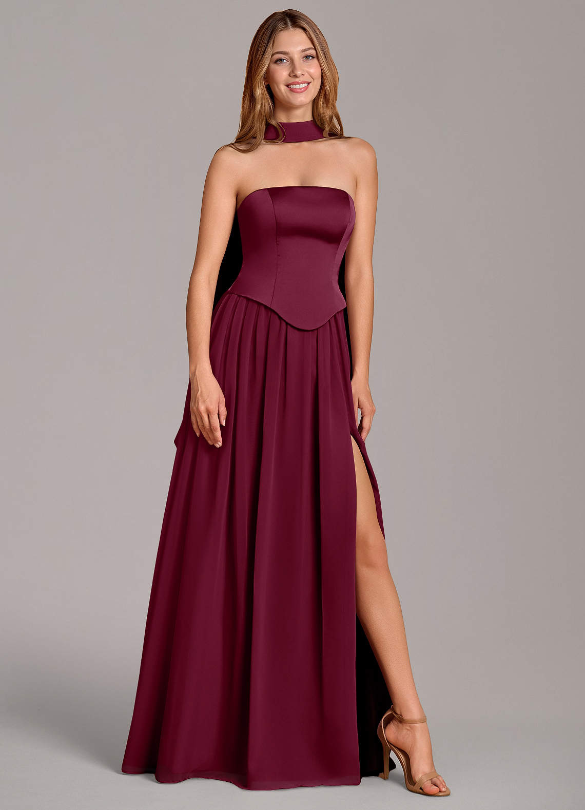 Azazie Cadence Bridesmaid Dresses Mulberry A-Line Corset Stretch Satin Convertible Dress image1